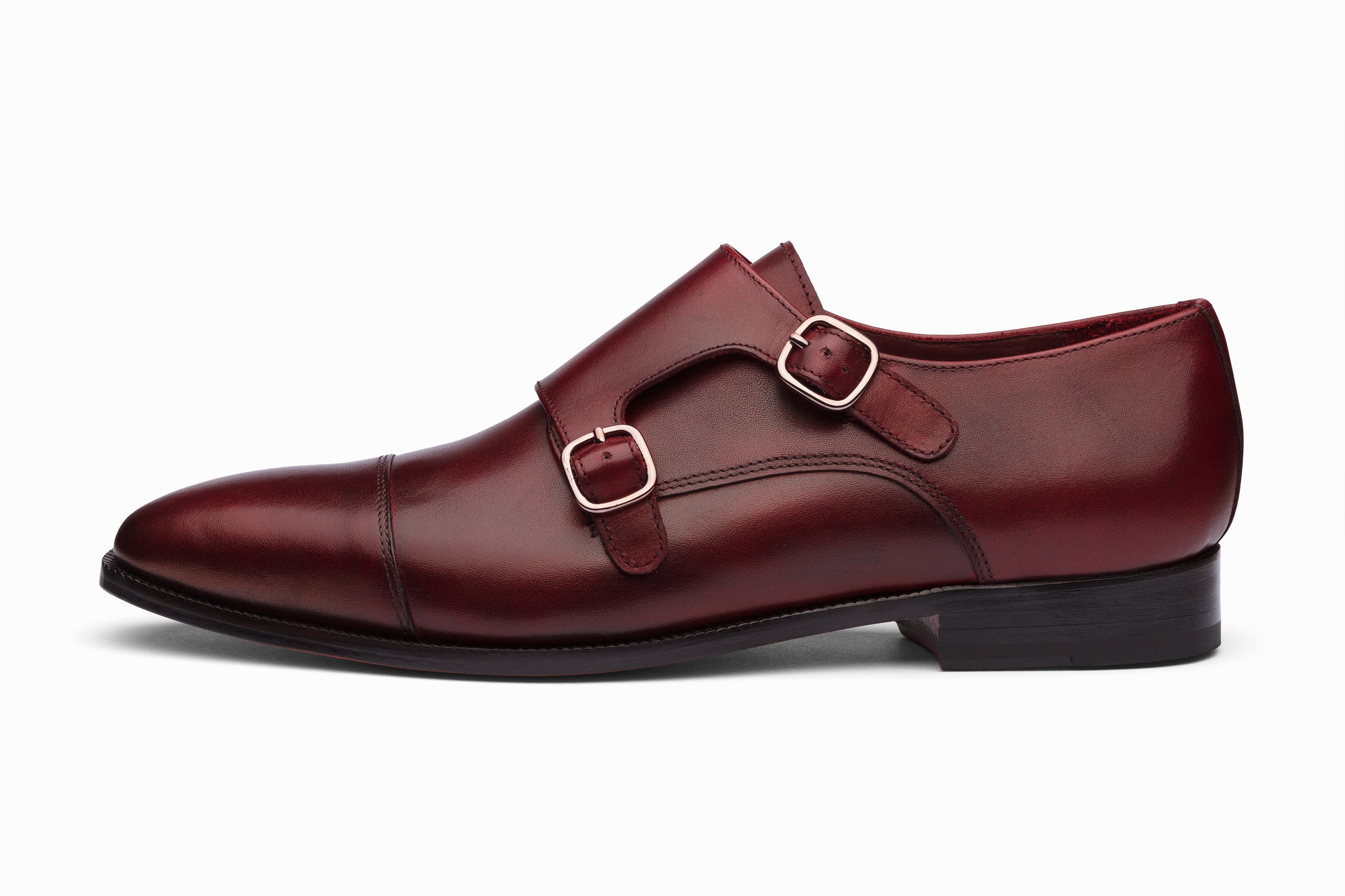 Premium Dark Burgundy Toecap Double Monk Strap Dress Shoes for Men - Elegant Business & Formal Occasions