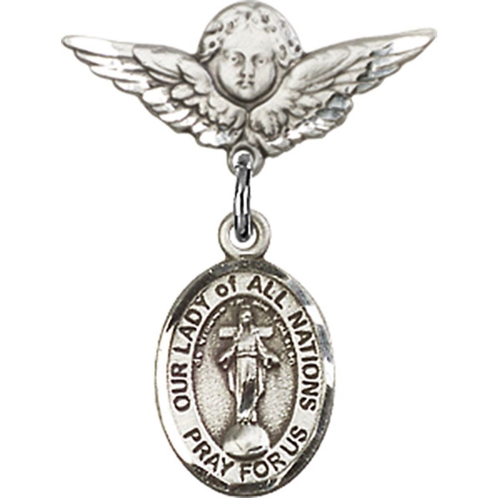 Sterling Silver Baby Badge with Our Lady of All Nations Charm & Angel Wing Pin - 7/8