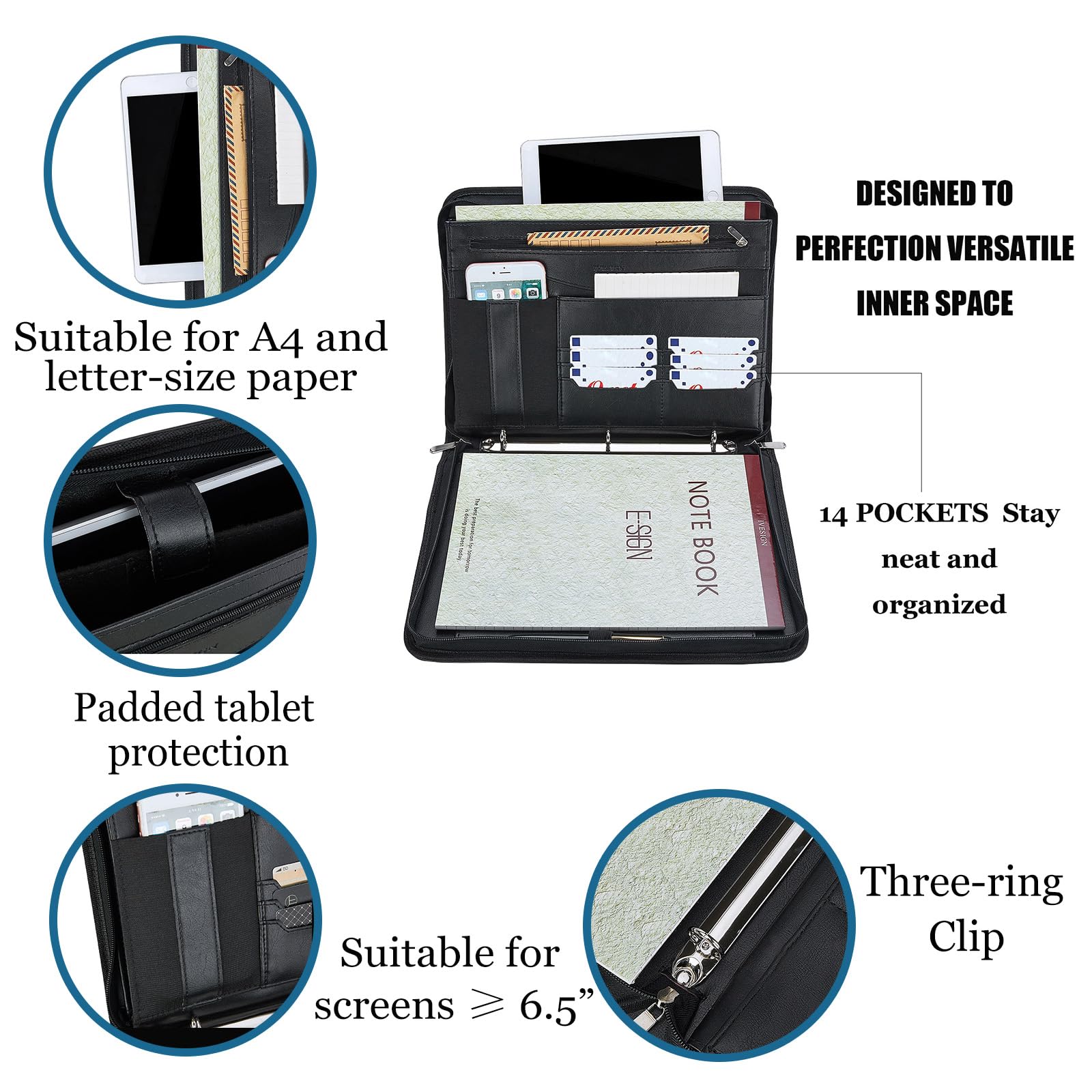 IVESIGN Zippered Padfolio Binder - Faux Leather 3-Ring Organizer with Business Card Slots & Document Folders | Left-Handed Design for Professionals | Perfect for Office, Meetings & Business Travel (Black)