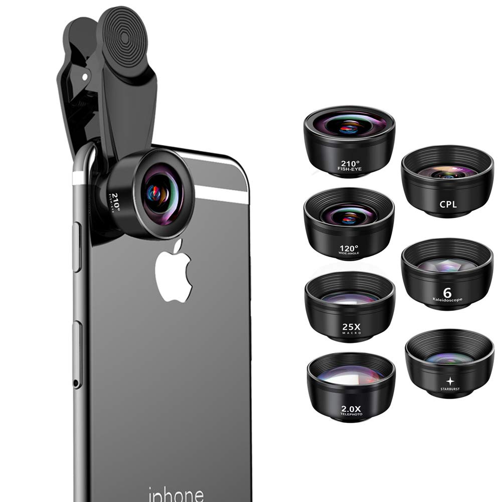7-in-1 Universal Phone Lens Kit - 120° Wide Angle, Macro & 210° Fisheye Lens with HD Zoom - Compatible with iPhone, Samsung, Huawei & Most Smartphones - Perfect for Travel, Vlogging & Close-Up Photography