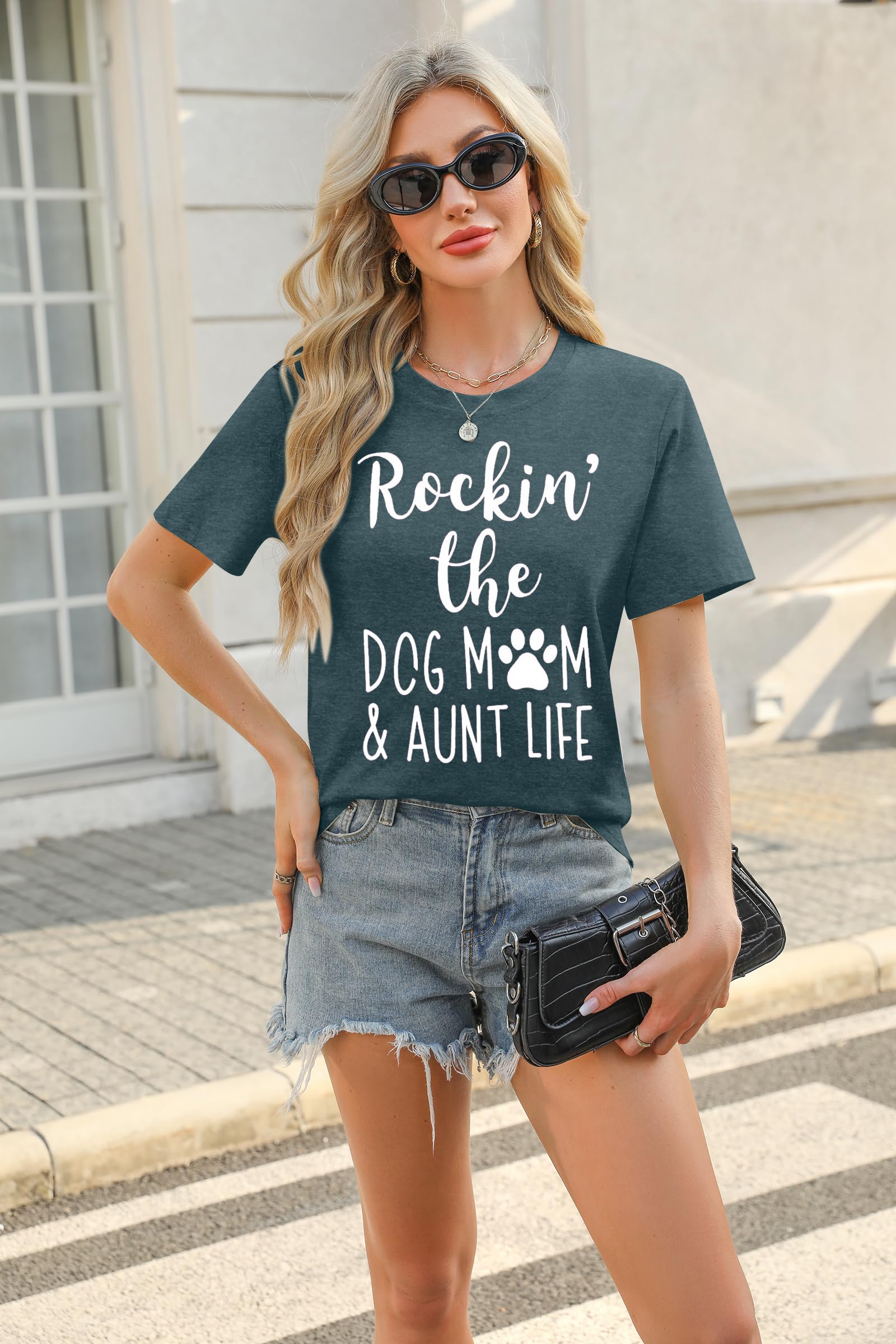 Funny Dog Mom Shirt for Women - Cute Dog Paw Graphic Tee - Rockin' The Dog Mom Aunt Life T-Shirt - Perfect Gift for Dog Lovers - Short Sleeve Casual Top - Great for Dog Parks, Walks & Pet Lover Events