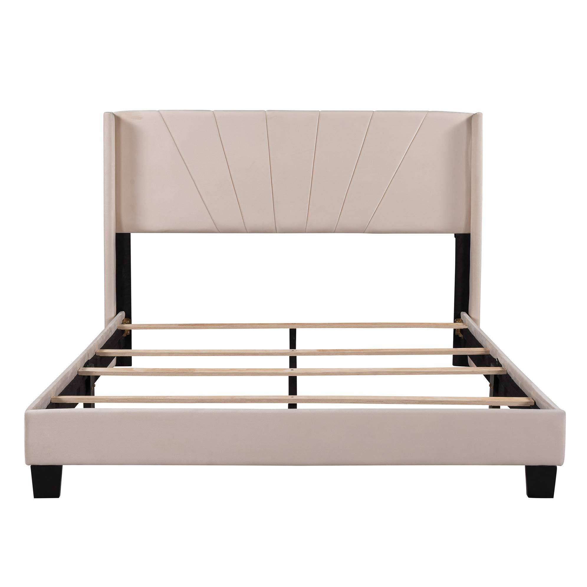 Harper & Bright Designs Queen Size Velvet Upholstered Platform Bed with Headboard - Luxurious Beige Fabric Bed Frame for Modern Bedroom | No Box Spring Needed | Perfect for Master Bedroom, Guest Room & Apartment