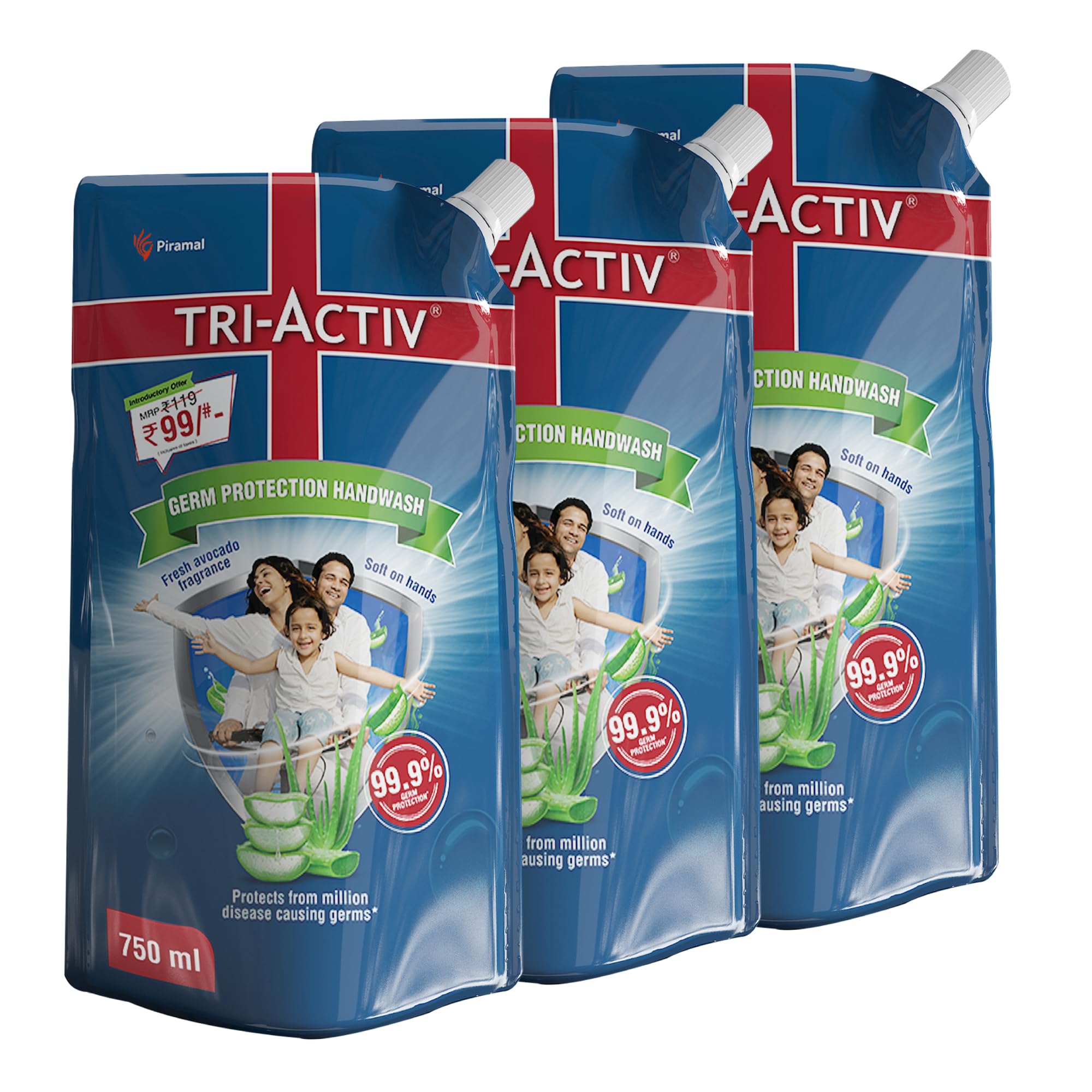 Tri-Activ Liquid Hand Soap Refill Pack - 750ml x 3 (2250ml Total) | 99.9% Germ Protection with Aloe Vera & Avocado | Gentle Moisturizing Hand Wash for Dry Skin | Perfect for Home, Office & Travel Use