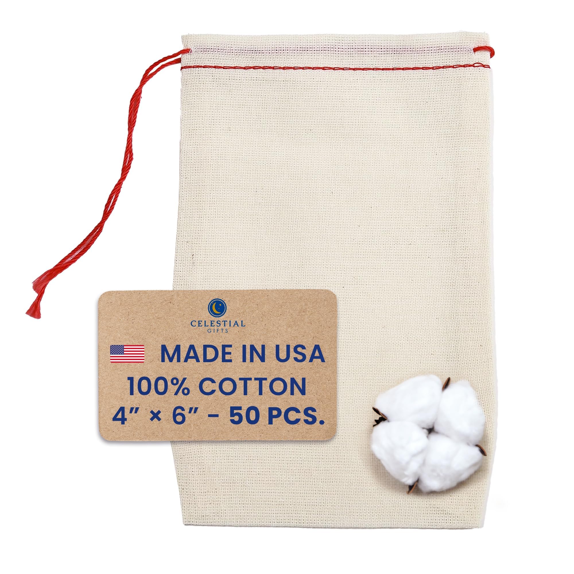 Premium 100% Cotton Muslin Drawstring Bags - 4x6 Inch Reusable Tea Bags, Jewelry Pouches & Spice Sachets (Pack of 50) - Eco-Friendly Gift Packaging for Weddings, Baby Showers & Party Favors - Made in USA - Red Drawstring