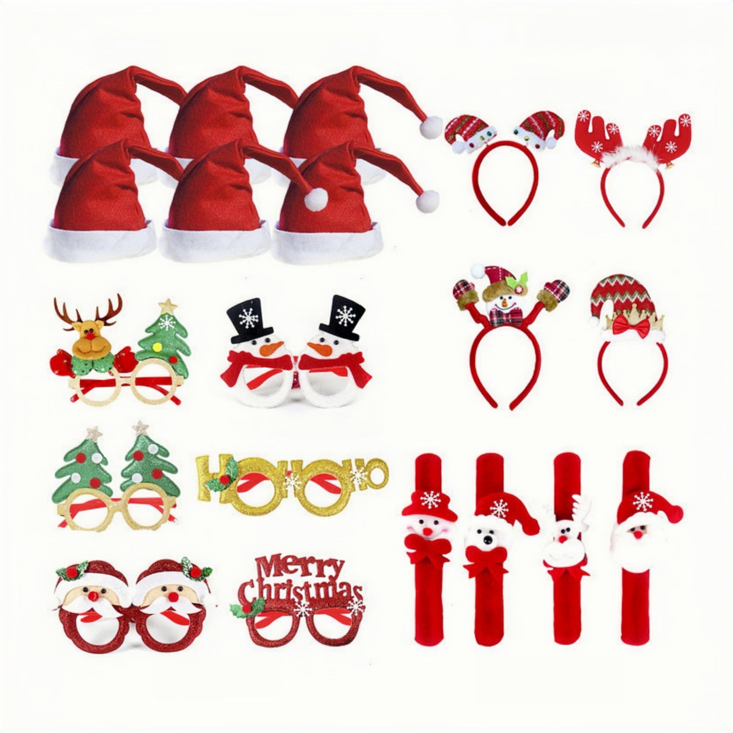 Festive Christmas Party Glasses Set - Santa Hats, Holiday Headbands & Slap Bracelets for Kids & Adults | Perfect for Xmas Celebrations, Office Parties & Family Gatherings