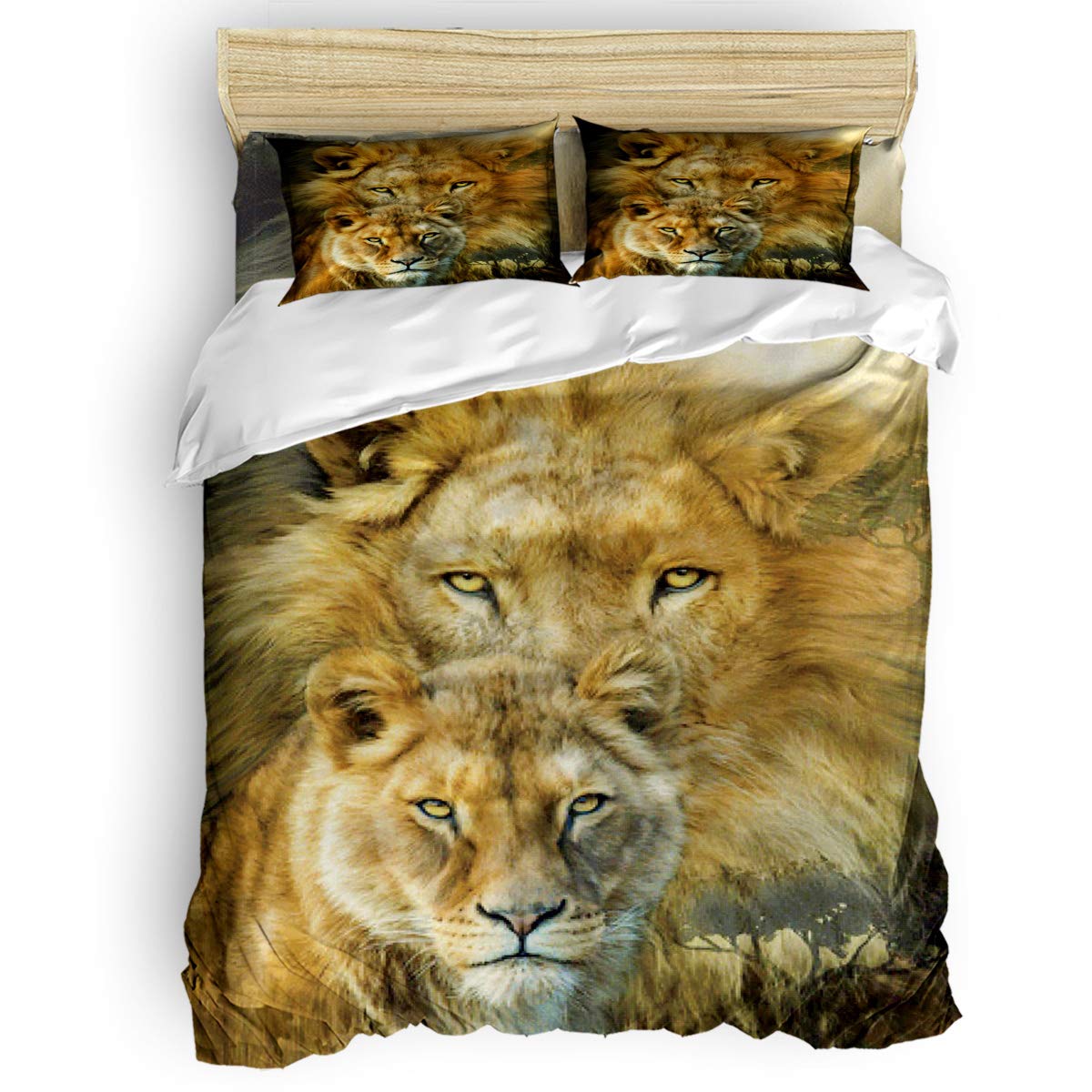 4-Piece Lion Print Bedding Set - California King Size Duvet Cover, Sheets & Pillowcases for Kids, Teens & Adults | Yellow Animal Theme Bedroom Decor for Couples & Families