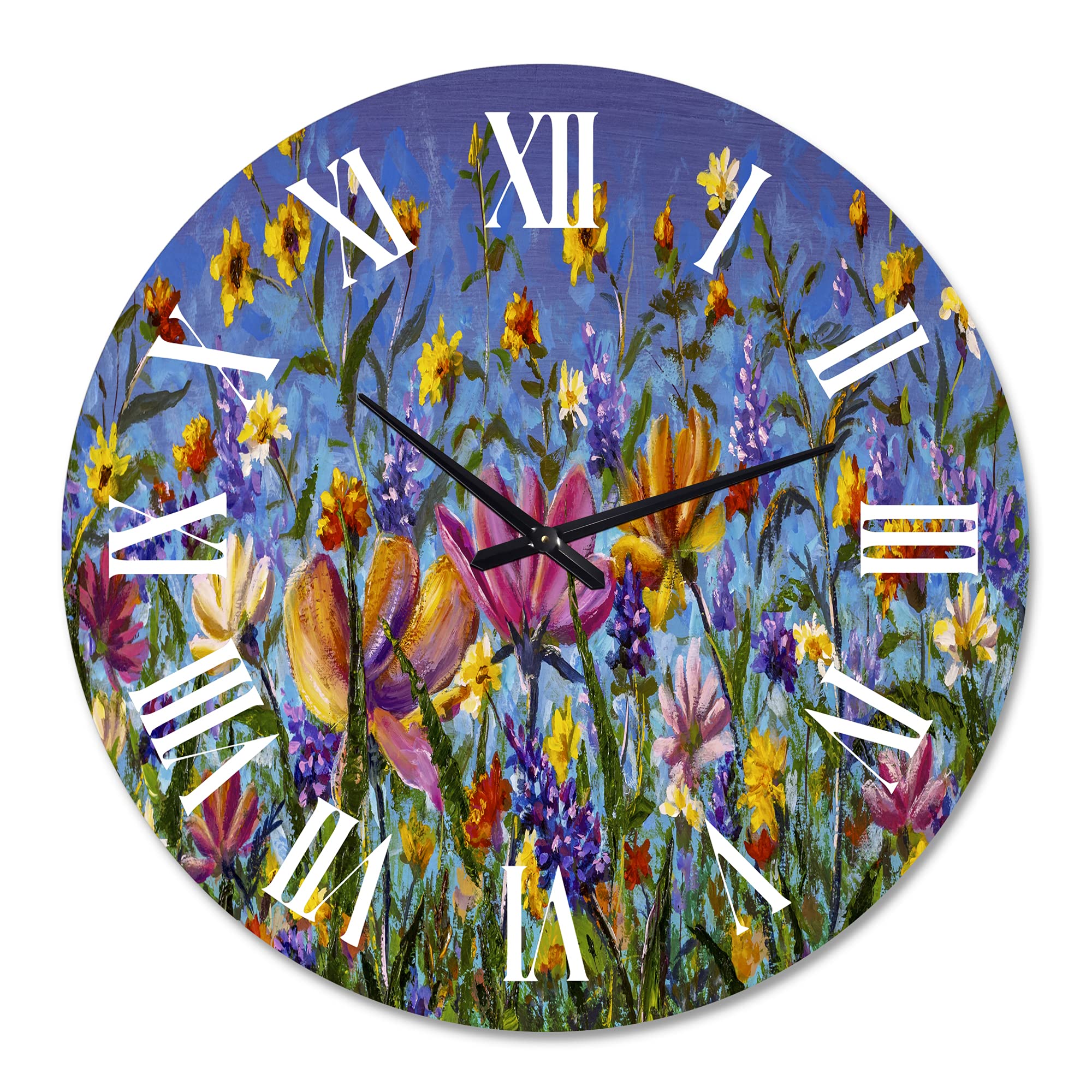 DesignQ Traditional Floral Wall Clock - Large Daisies and Wildflowers Summer Garden Decor for Kitchen, Living Room & Bedroom | Perfect Home & Office Decoration