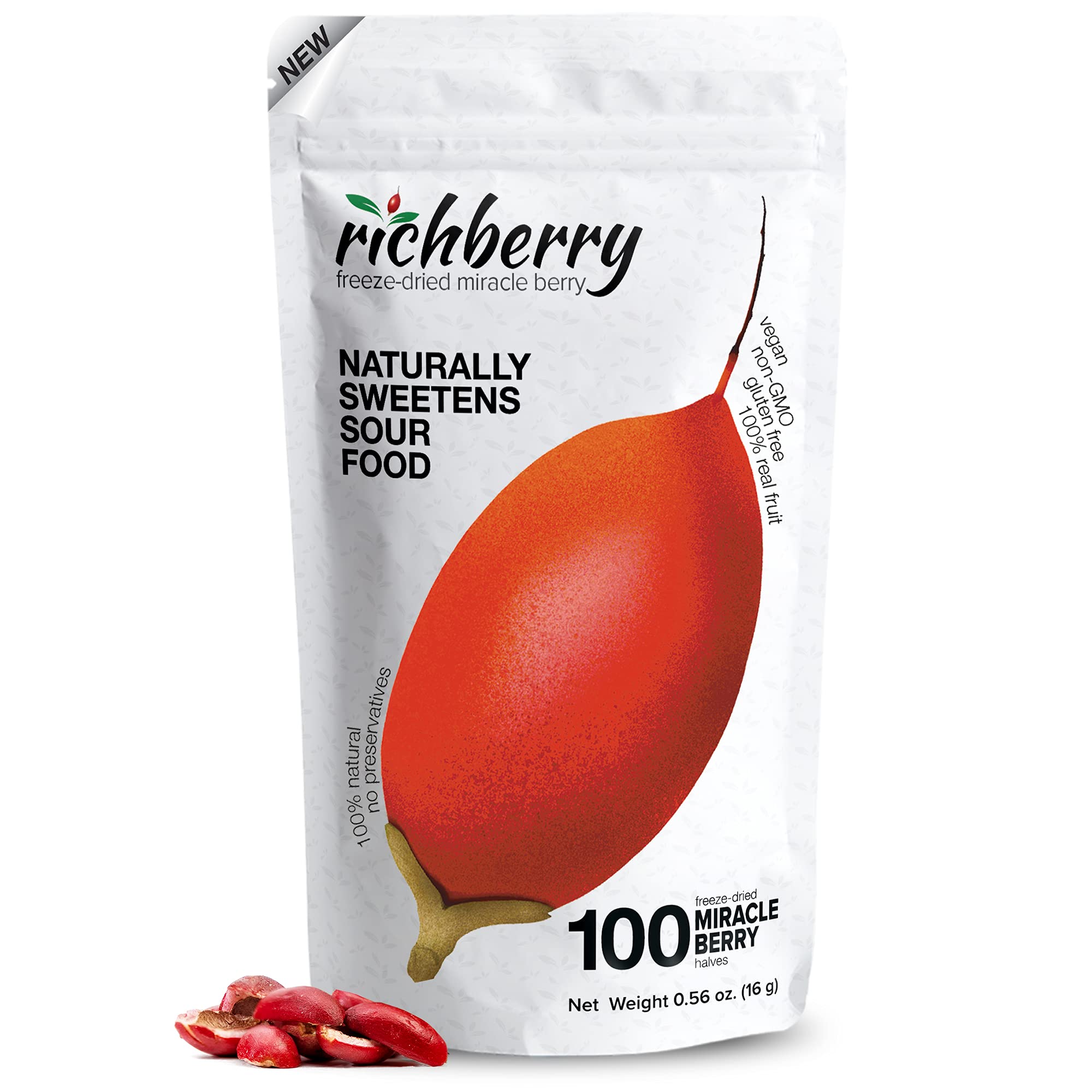 Miracle Berry by Richberry - 100 Freeze Dried Premium Berry Halves | 100% Natural Organic Fruit | No Preservatives | Naturally Sweetens Sour Foods | Perfect for Taste Tripping, Healthy Snacks & Sugar-Free Diet | Great for Parties, Cooking & Flavor Experiments