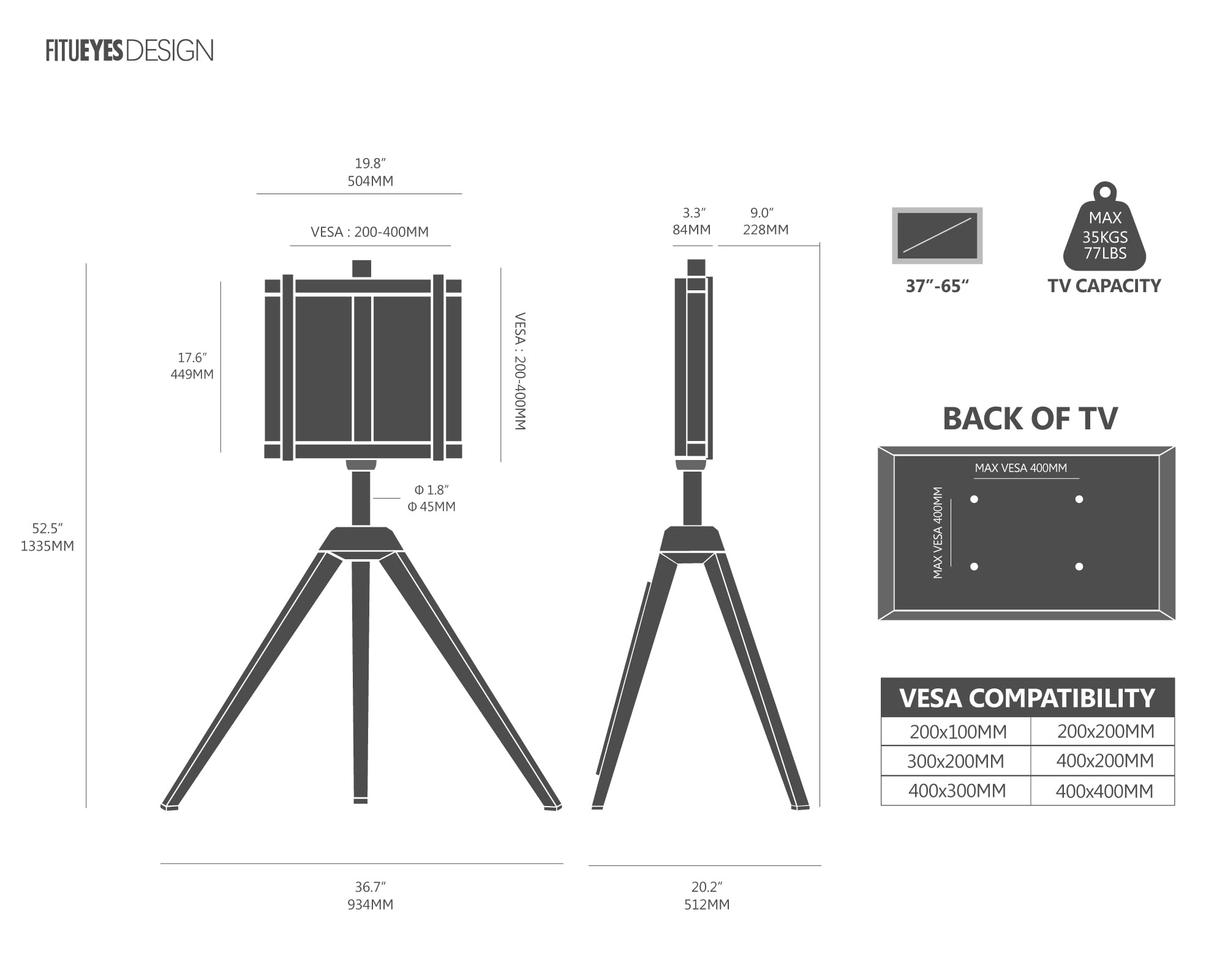 FITUEYES Picasso Series Corner TV Stand for 37-65 inch TVs - Modern Tripod Easel Design with Concealed Storage & Cable Management - Perfect for Living Room, Bedroom & Home Theater Setup