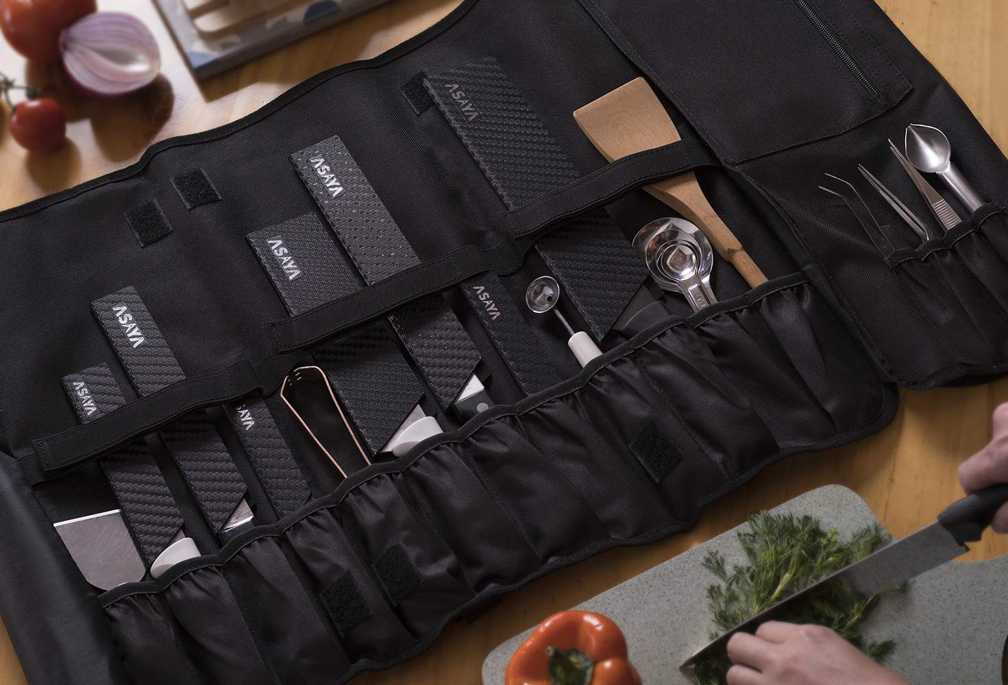 Asaya Professional Chef Knife Roll Bag - 20 Pockets for Knives & Kitchen Utensils - Stain-Resistant Waxed Nylon - Perfect for Chefs, Culinary Students & Home Cooks - Great for Cooking Classes, Restaurant Work & Travel (Red) - Knives Not Included