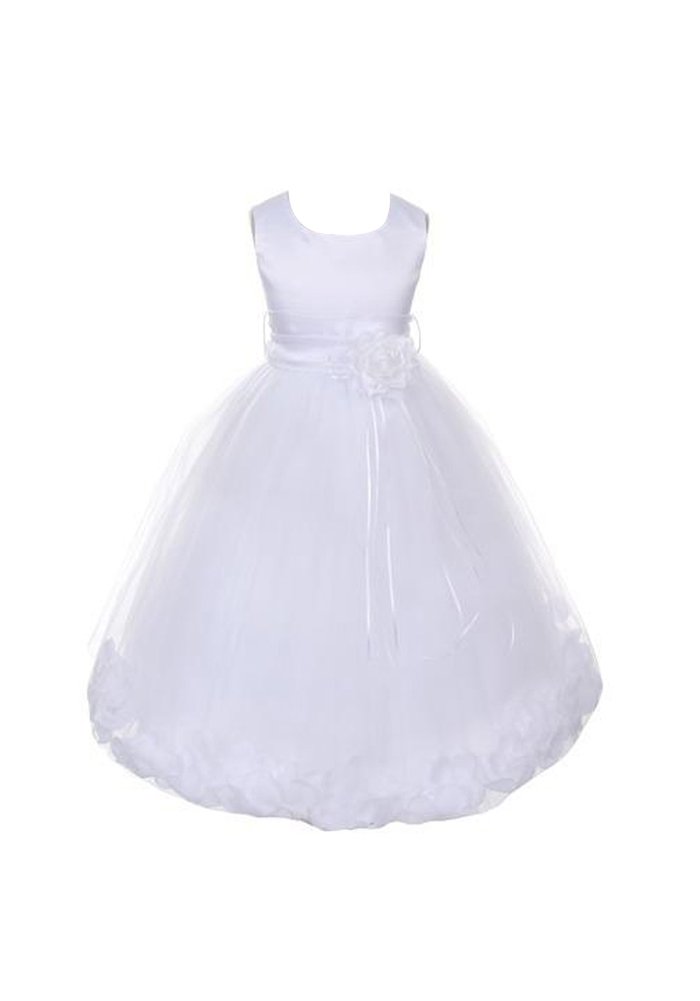Satin Communion Flower Girl Dress - White Pageant Gown with Petal Details for Girls Size 6 | First Communion, Wedding, Baptism & Special Occasions