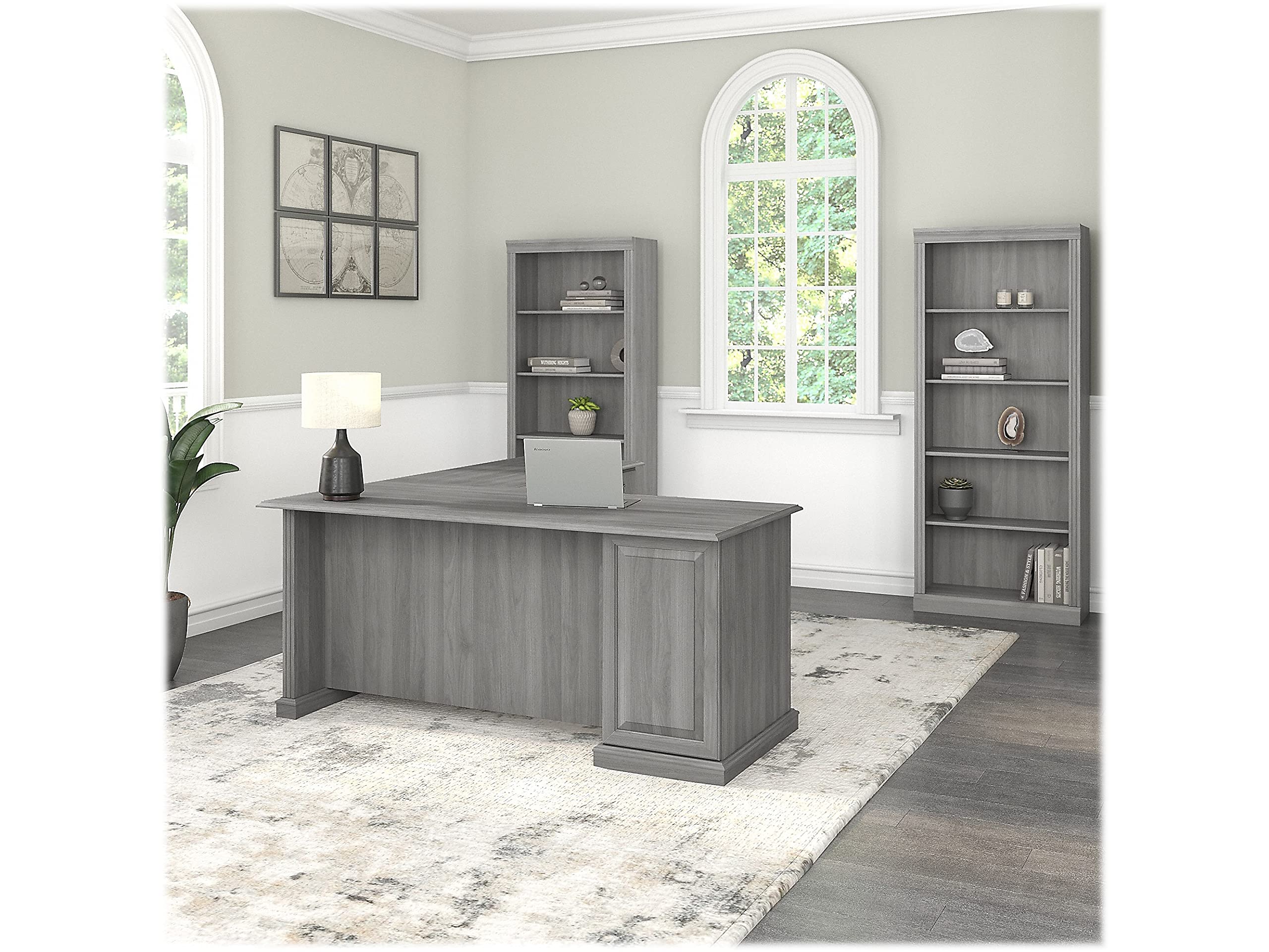 Bush Furniture Saratoga L-Shaped Computer Desk with Bookcase - Modern Gray Home Office Desk for Small Spaces, Gaming & Study Workstation