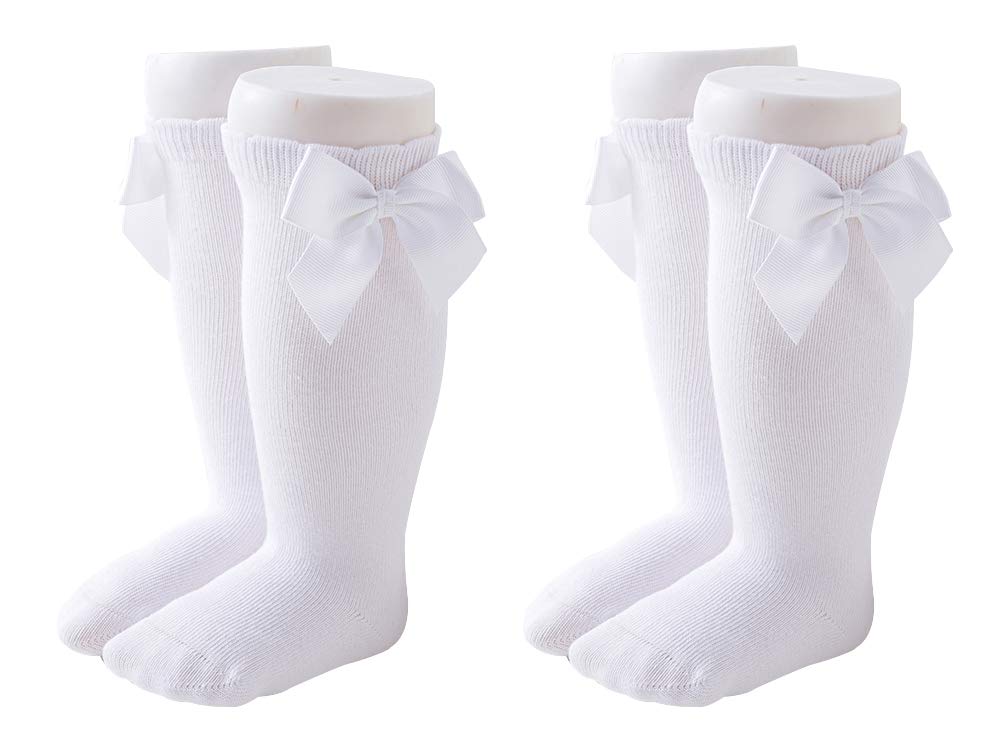 Maorrew 2 Pack Baby Girls Knee High Socks with Bows - Soft Cotton Long Stockings for Infants & Toddlers - Ruffled Uniform Leggings for School, Play & Special Occasions