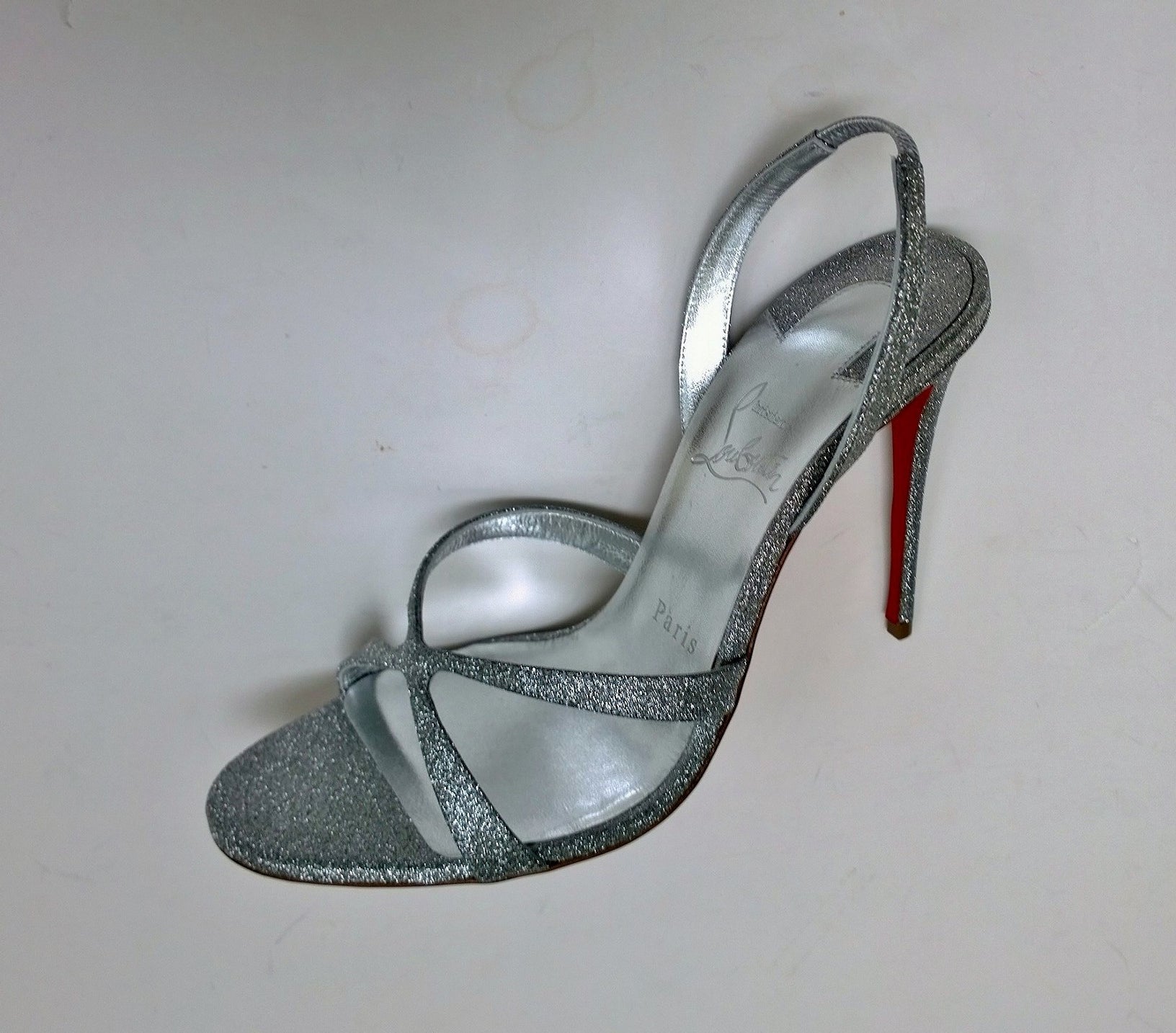 Christian Louboutin Emilie 100 Silver Glitter Sandals - Women's Slingback High Heels for Parties & Special Occasions