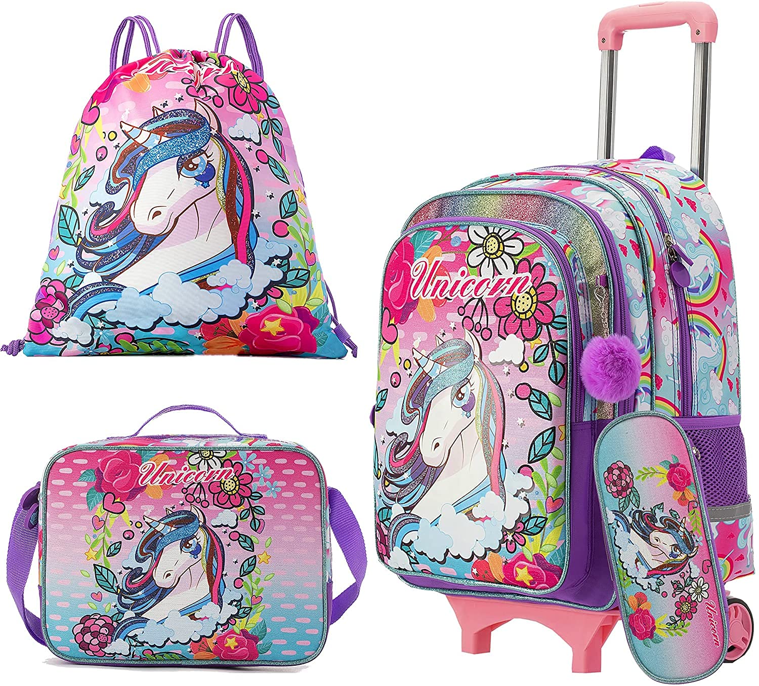 Egchescebo Kids Rolling Backpack for Girls - Pink Unicorn Pattern with Wheels, Trolley Handle & 5-Piece Set Including Lunch Box | Perfect for School, Travel & Daily Use