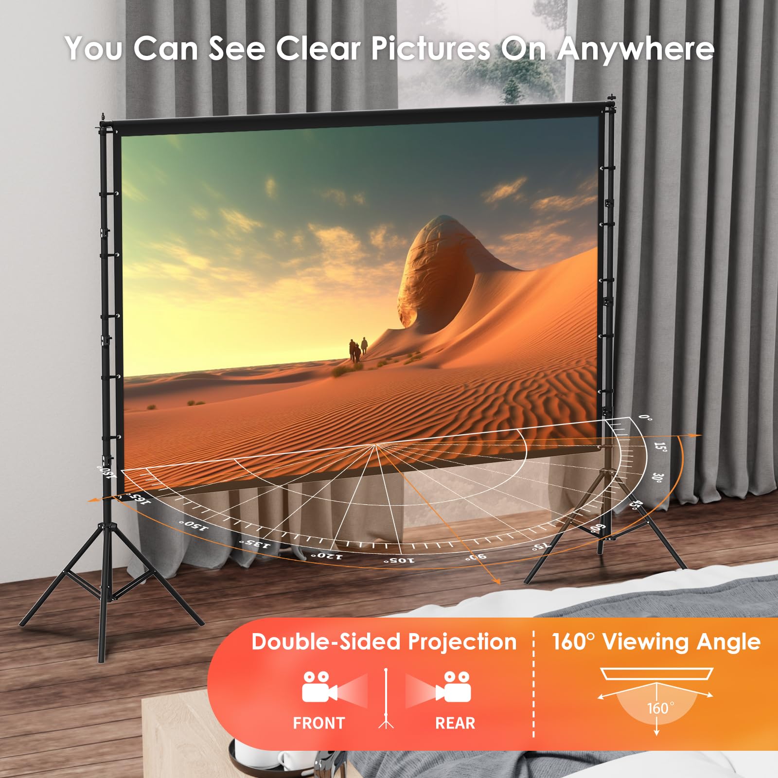 AAJK 150-inch Portable Projector Screen with Stand - 16:9 Wrinkle-Free 4K HD Indoor/Outdoor Projection Screen for Home Theater, Backyard Movies & Parties - Includes Carry Bag for Easy Transport & Storage