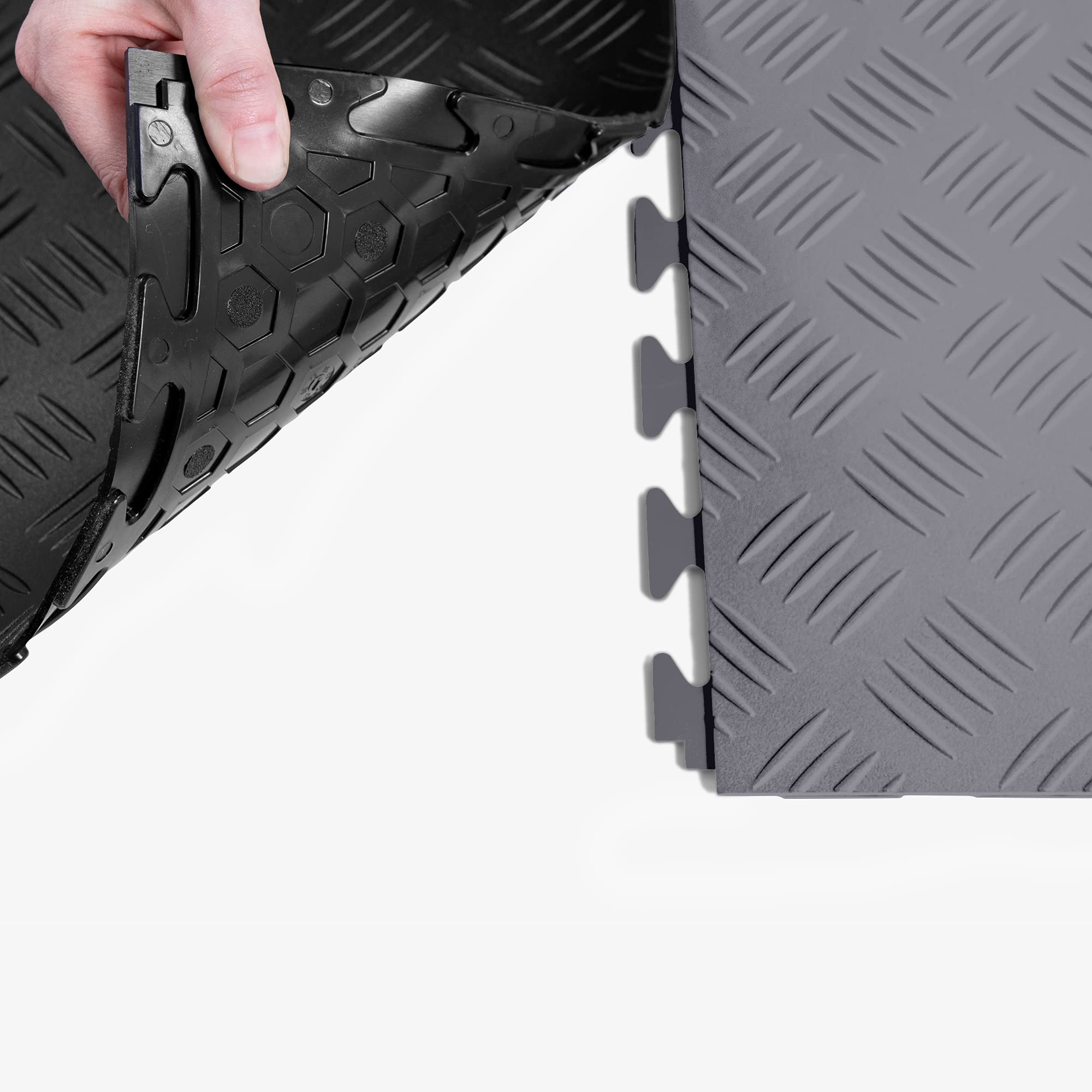 4.5mm Flex Nitro Hidden Interlocking Garage Floor Tiles - Flexible PVC Flooring for Garage, Workshop, Shed - Diamond Pattern, Dark Gray (8 Tiles, 20.5