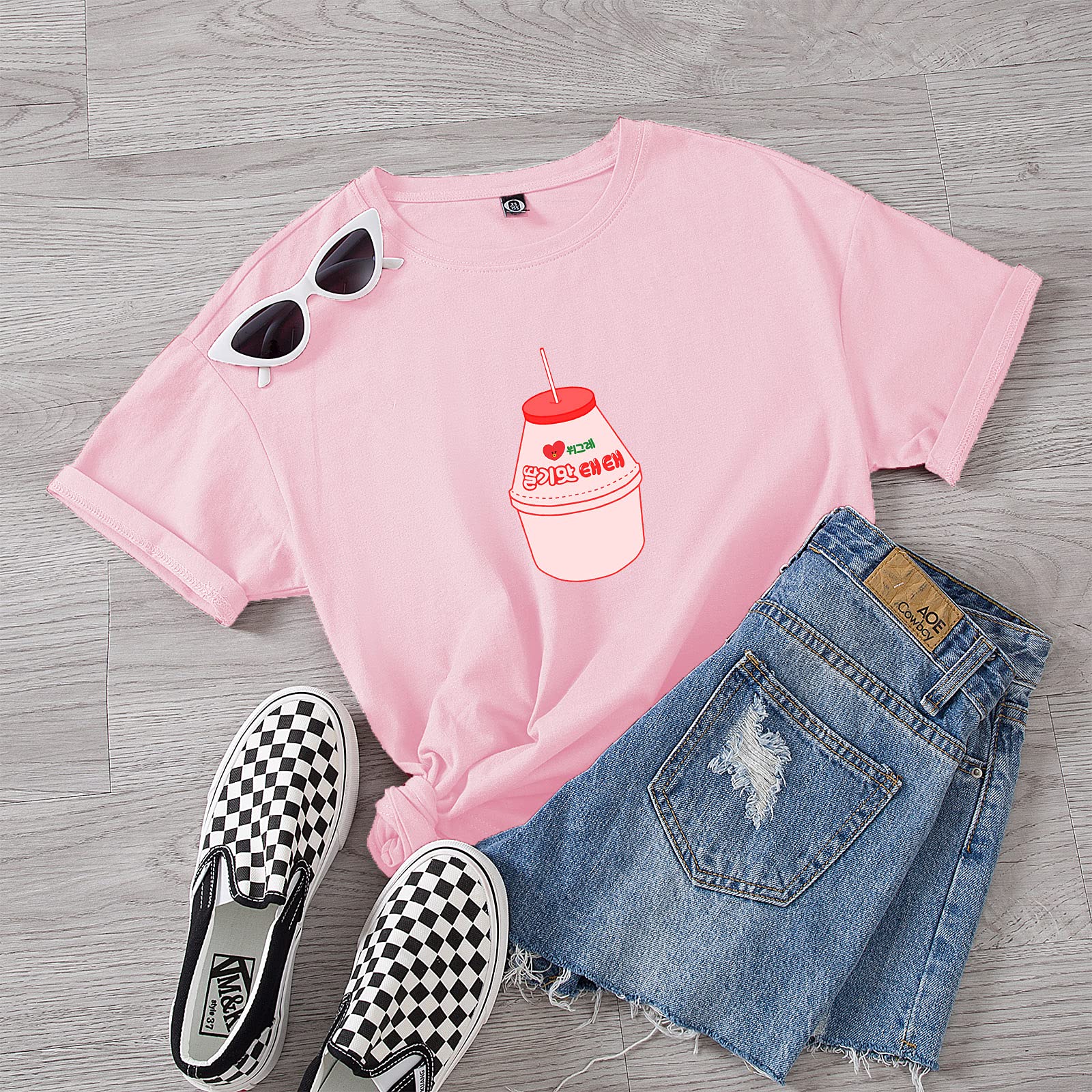 KEEVICl Girls 90s Japanese Strawberry Milk Drink Pink Kawaii T-Shirt | Aesthetic Pastel Goth Soft Grunge Cotton Top | Cute Casual Outfit for School, Streetwear & Anime Cosplay