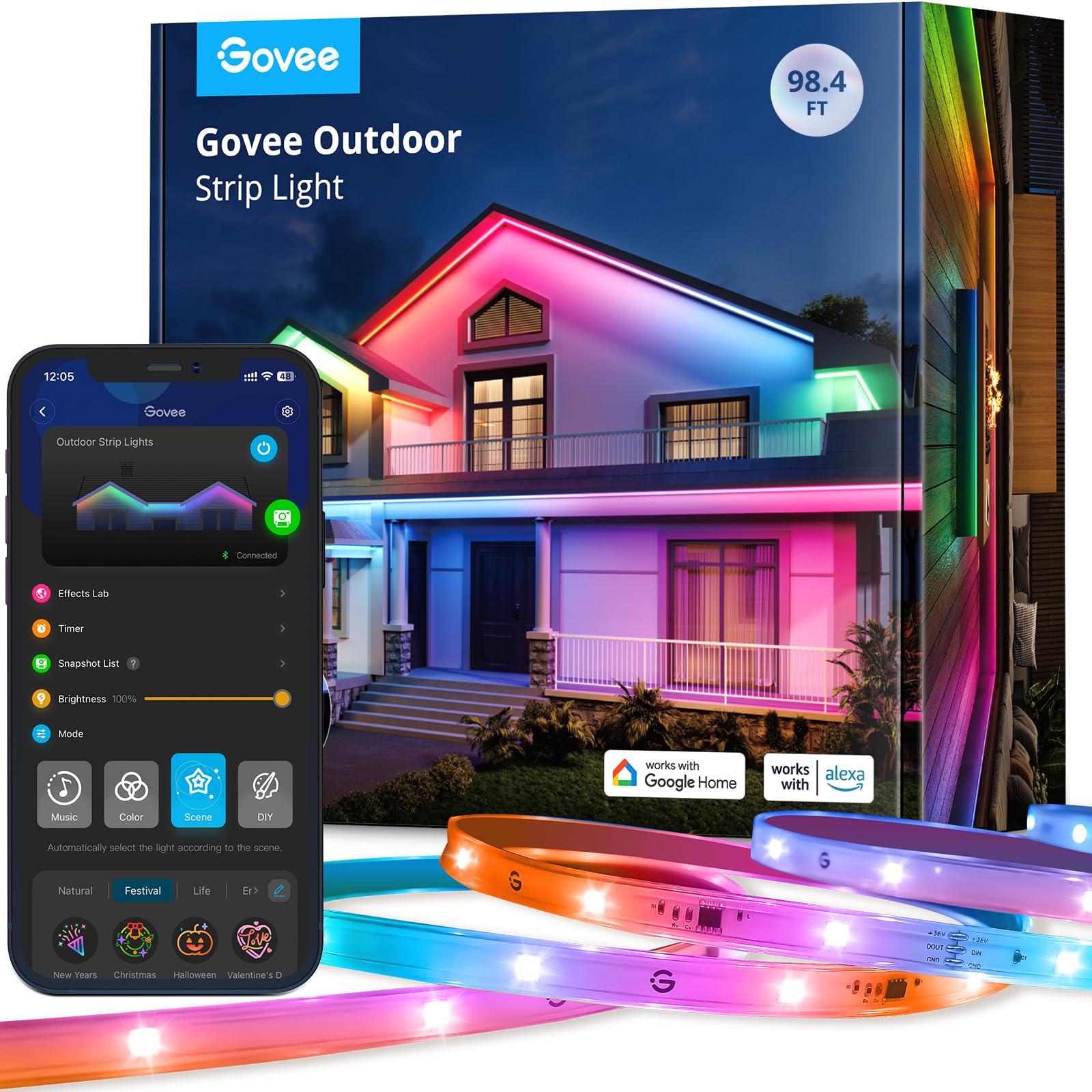 Govee 98.4ft Smart Outdoor LED Strip Lights RGBIC - Alexa & Google Assistant Compatible, App Control, IP65 Waterproof - Perfect for Patio Lighting, Eave Decor, Backyard & Garden Party Lighting