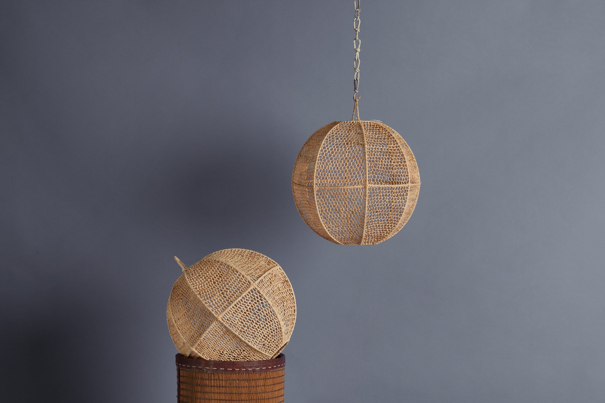 Small Open Work Ball Shaped Raffia Hanging Lamp Shade - Boho Chic Pendant Light for Bedroom, Living Room & Patio Decor