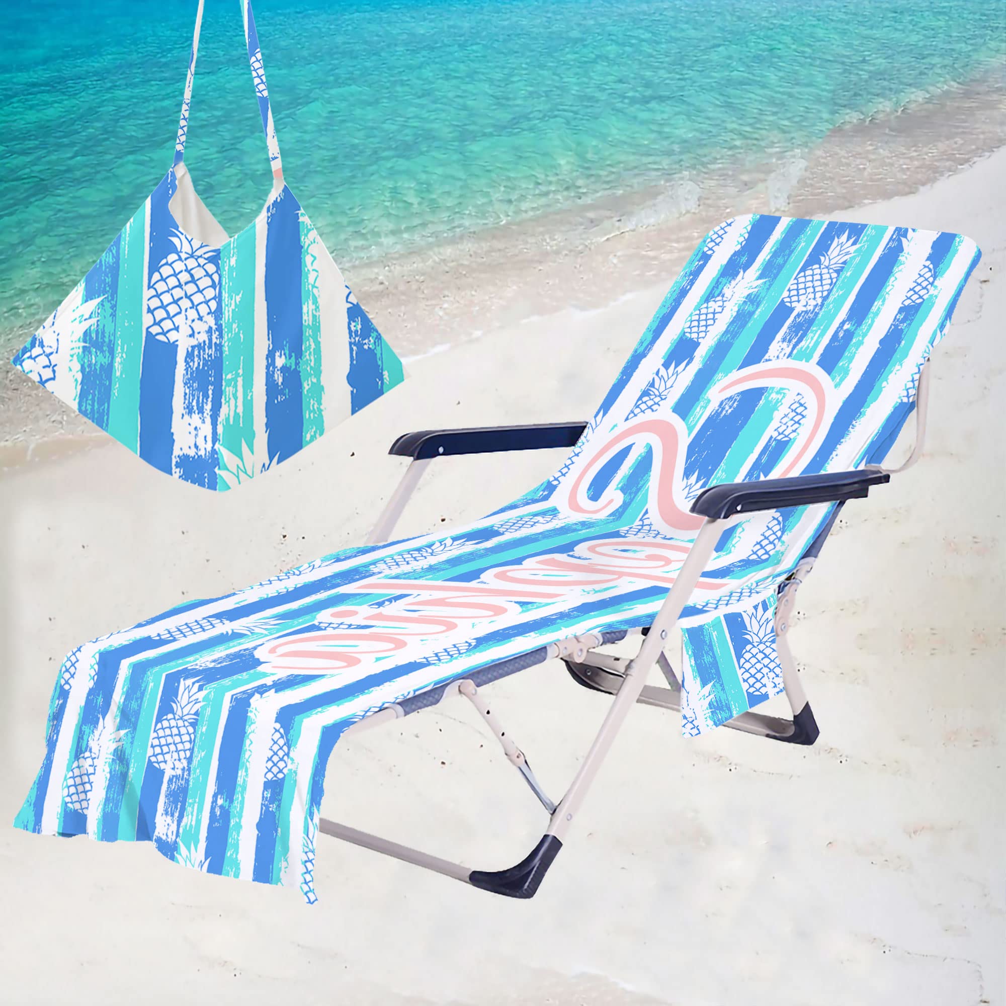 Custom Personalized Beach Chair Cover with Side Pockets - Thick Quick-Dry Chaise Lounge Towel Cover for Pool, Garden, Beach & Hotel - Pineapple Design (82.6