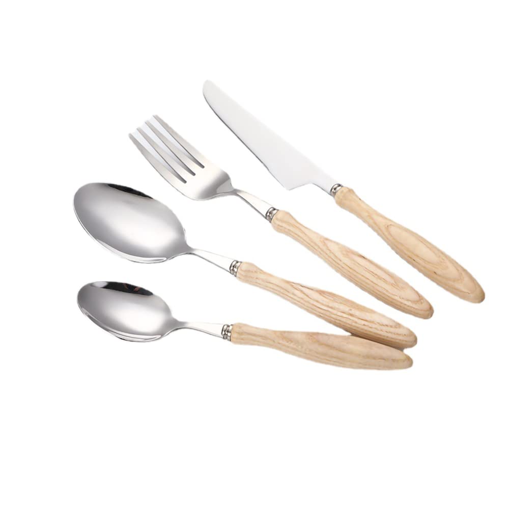 32-Piece Stainless Steel Flatware Set with Wooden Handle - Mirror Polished Silverware Utensils (Forks, Spoons, Knives) for Home, Restaurant & Daily Use - Perfect for Family Dinners, Parties & Outdoor Picnics
