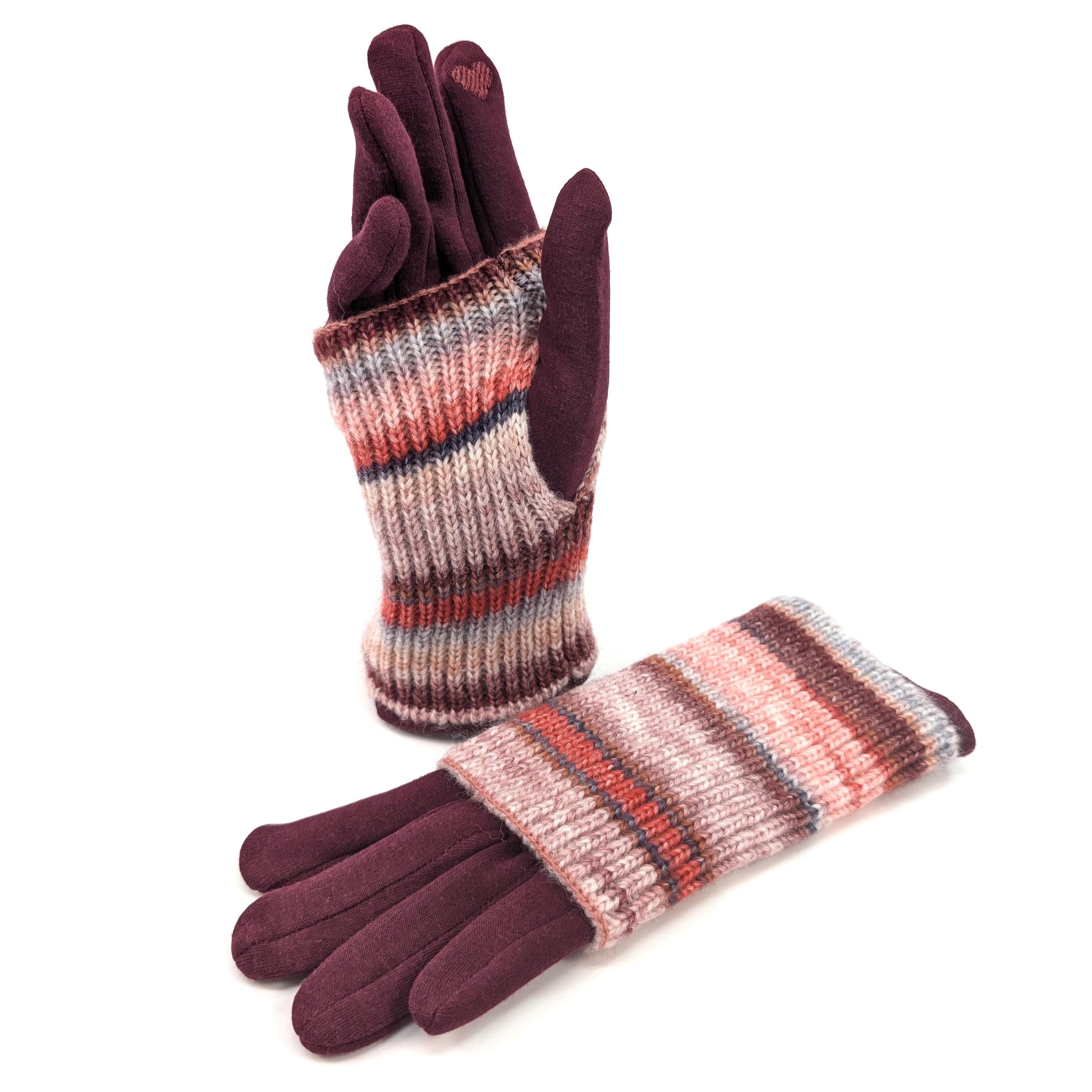 Multi Striped Two in One Gloves - Sangria Red | Warm Winter Gloves for Women & Men | Perfect for Skiing, Snowboarding & Outdoor Activities