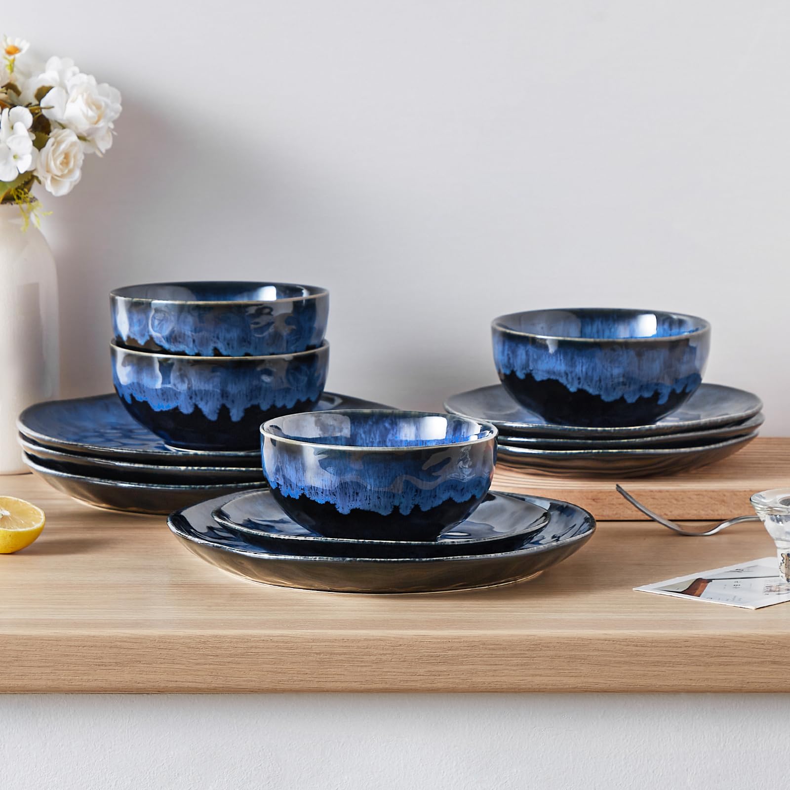 Vancasso Starry 12-Piece Dinnerware Set for 4 - Stoneware Plates & Bowls Set, Dishwasher & Microwave Safe, Blue Ceramic Tableware - Perfect for Family Dinners, Parties & Everyday Use