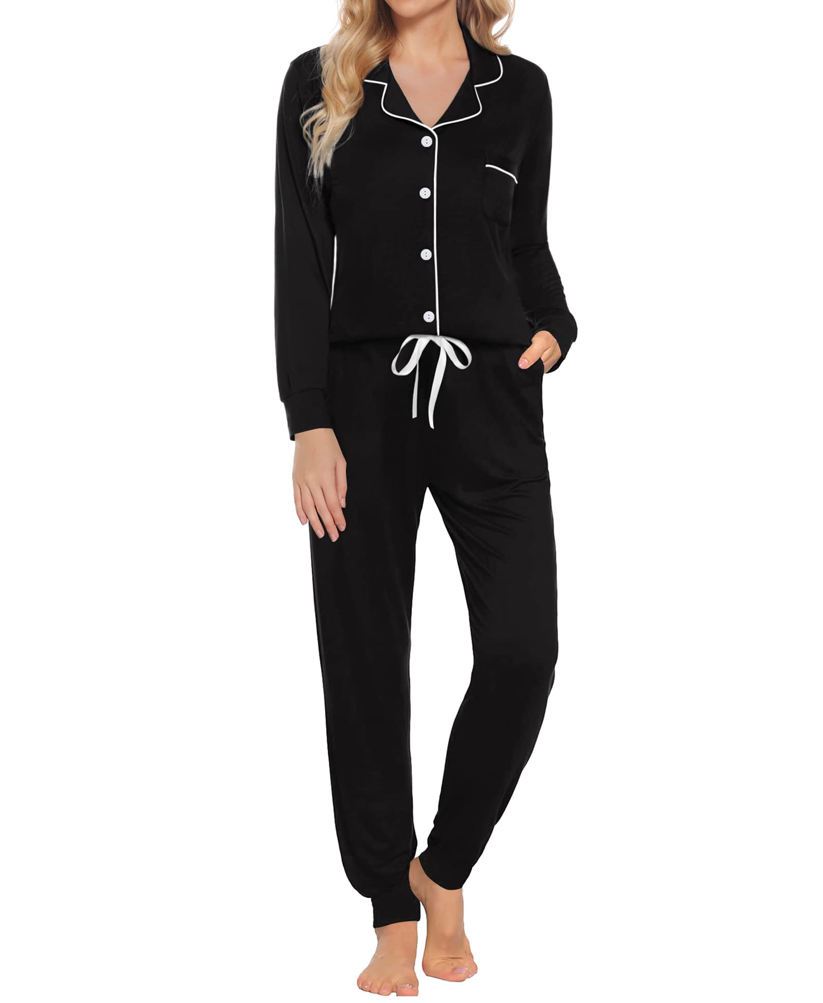 SWOMOG Women's Soft Long Sleeve Pajama Set with Pockets - Button Down Sleepwear & Jogger Pants for Cozy Nights, Lounge Wear, and Relaxing at Home