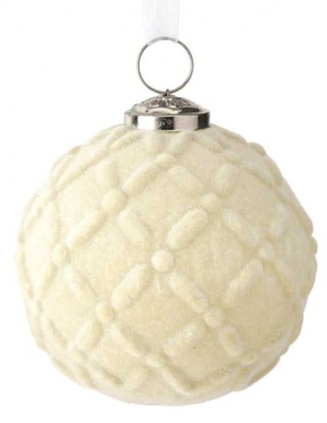 (Ivory) Diamond flocked glass ornament in Ivory