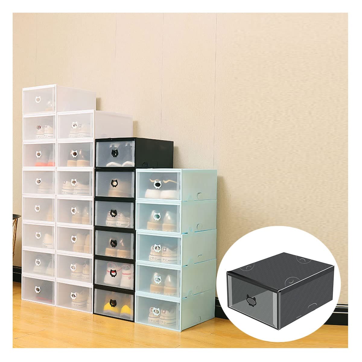 Clear Plastic Stackable Shoe Storage Boxes - Foldable Shoe Organizer for Closet & Sneaker Display, Space-Saving Storage Bins with Lid (16-Piece Set, Black) - Perfect for Sneakerhead Collections, Closet Organization & Small Space Living
