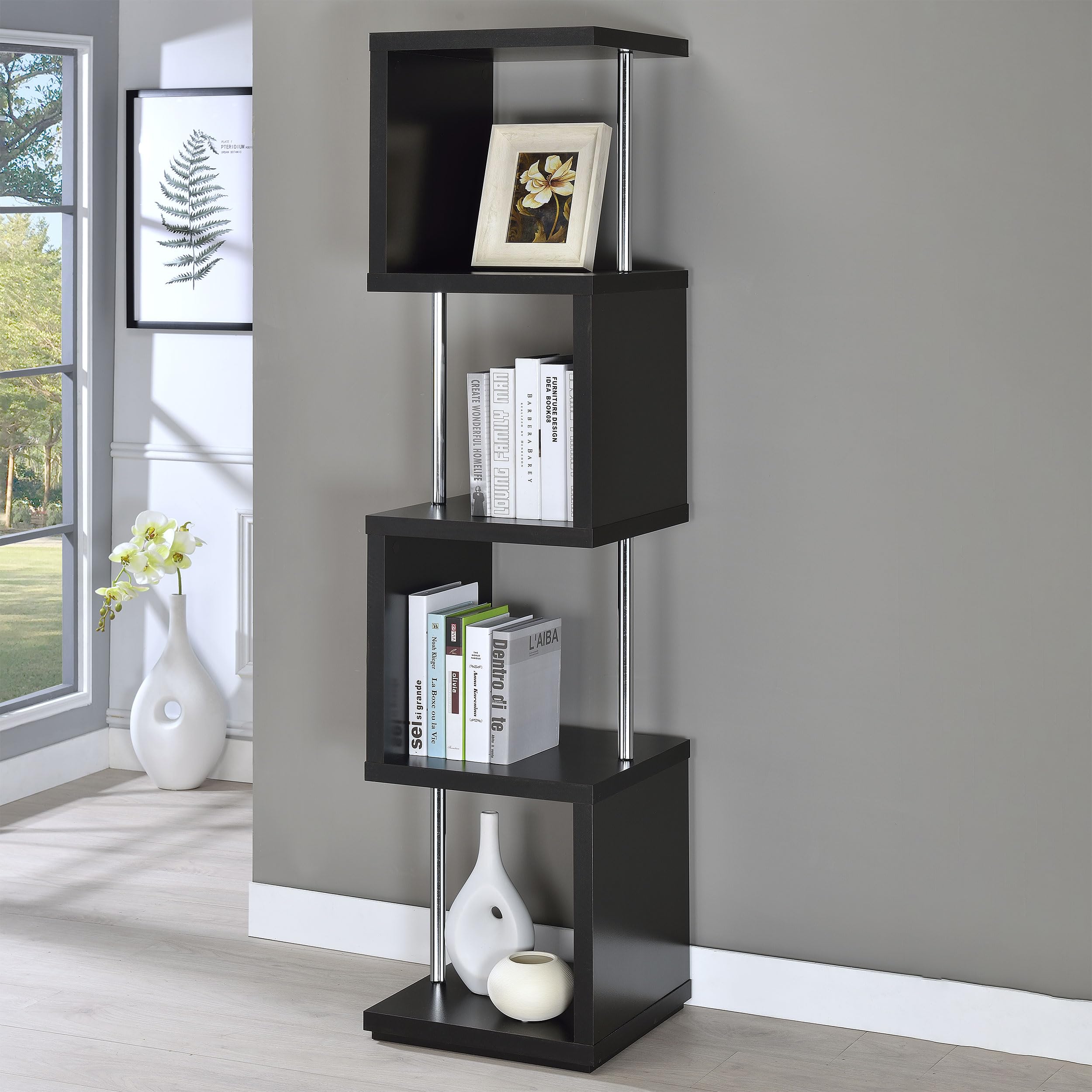 Coaster Home Furnishings Baxter 67-inch 4-Shelf Bookshelf in Black & Chrome - Stylish Storage for Living Room, Office & Bedroom (Model 801419)