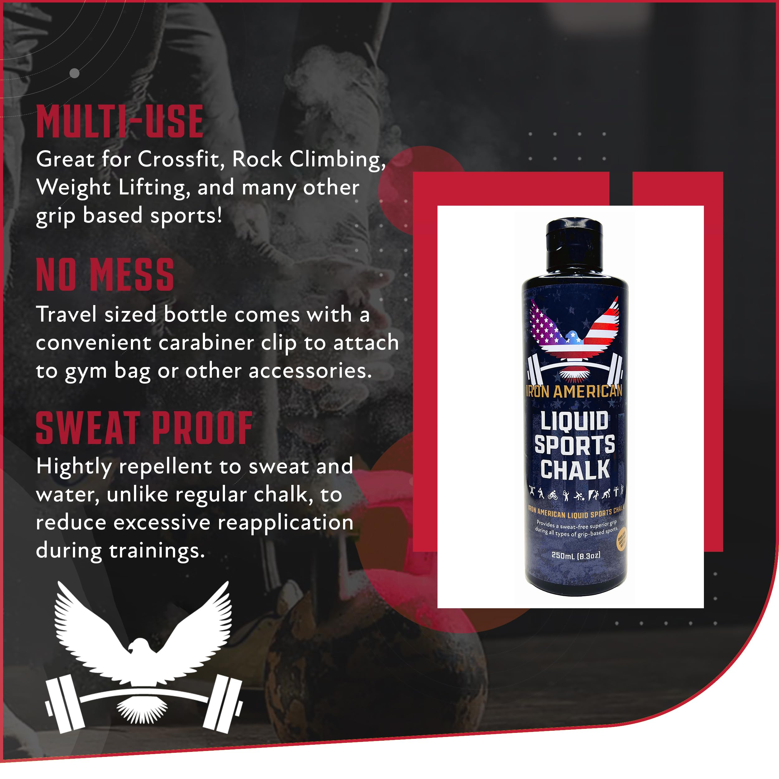 IRON AMERICAN Liquid Chalk - No Mess Long Lasting Grip Chalk for Weightlifting, Gymnastics, Rock Climbing & Fitness Training | Advanced Hand Chalk for Gym | Perfect for CrossFit, Powerlifting & Outdoor Workouts