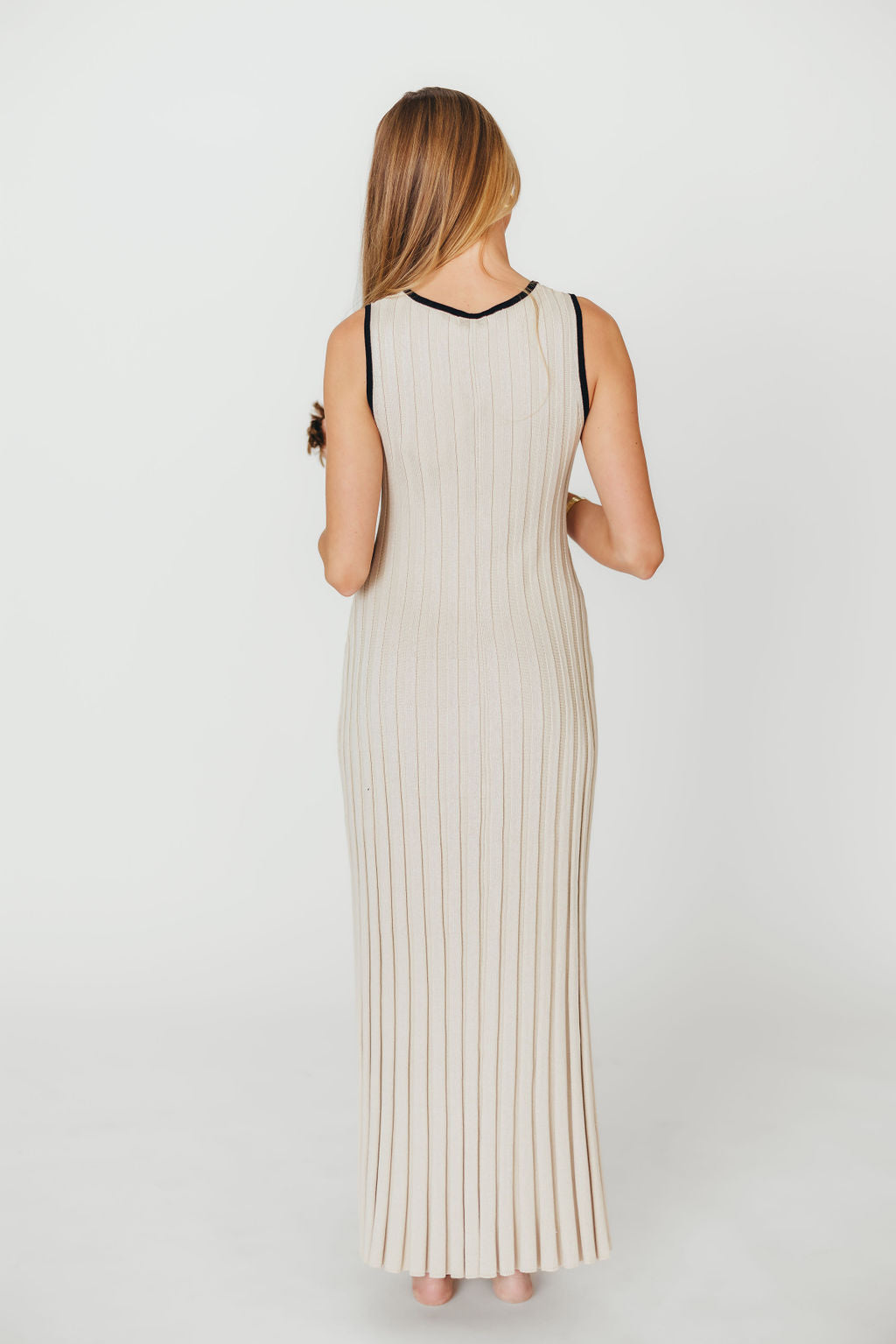 Brianne Button Down Ribbed Knit Maxi Dress in Taupe/Black - Women's Elegant Long Sleeve Bodycon Dress for Fall Winter Office Wear, Date Night & Special Occasions