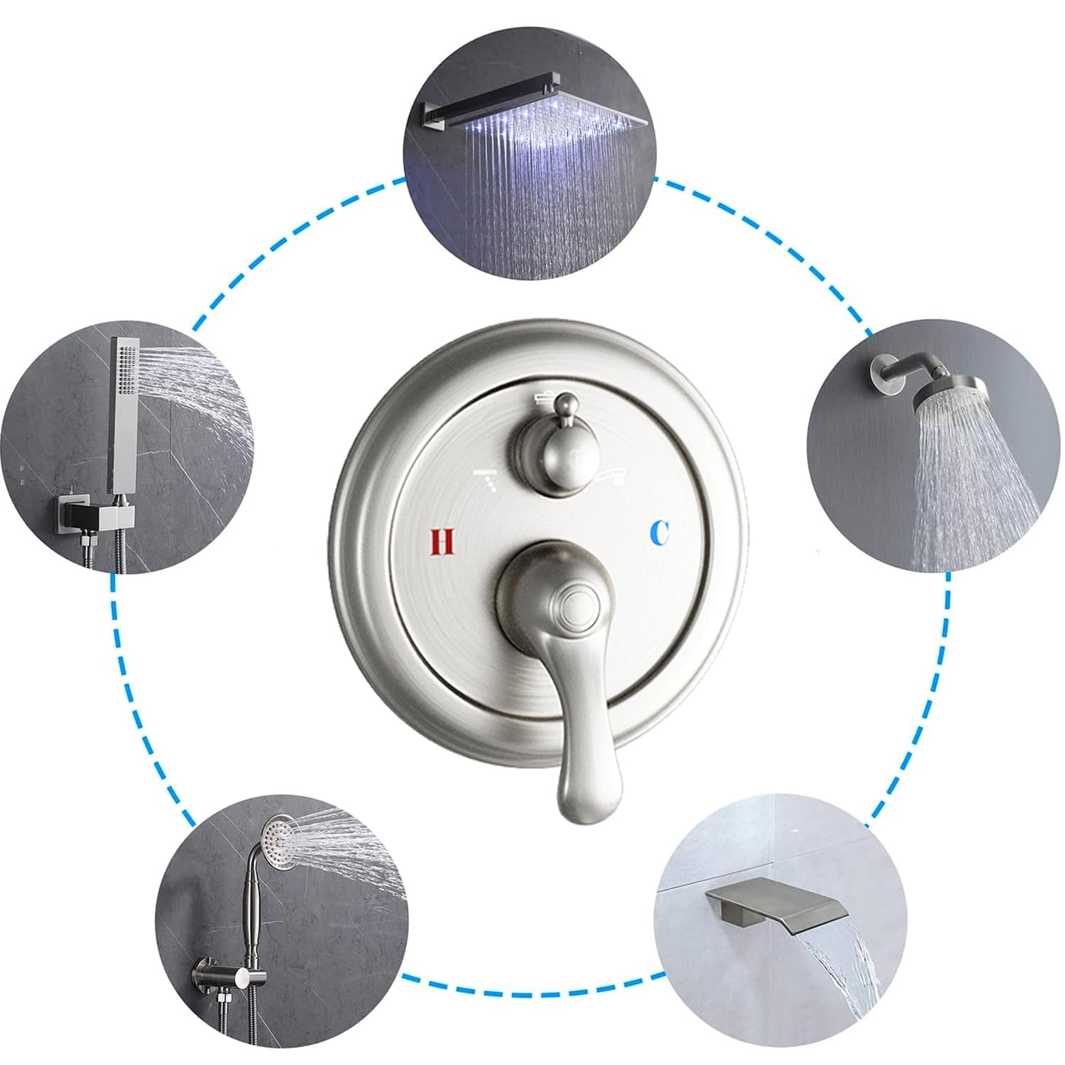 3-Function Shower Diverter Valve - Solid Brass Concealed Shower Mixer with Pressure Balance Technology - Brushed Nickel Trim Kit for Bathroom Shower System - Perfect for Modern Bathrooms and Spa-Like Showers