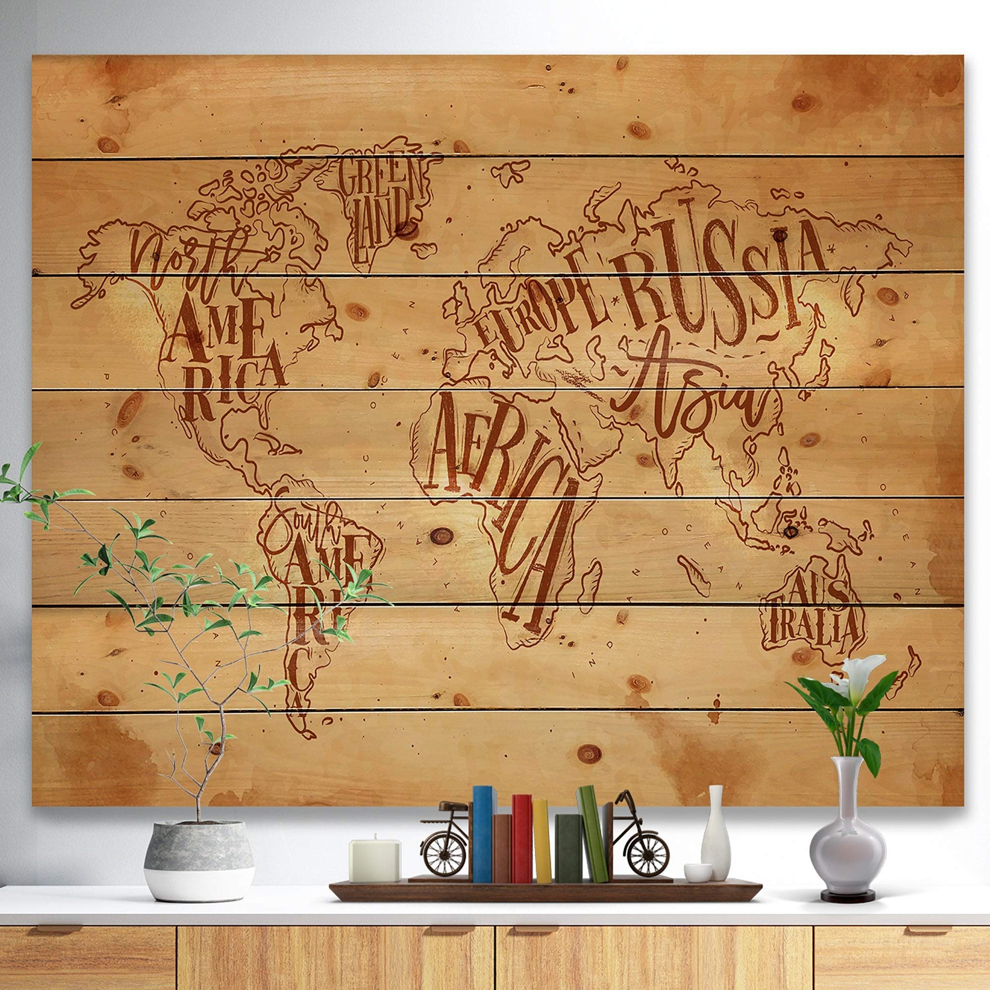 Vintage World Map Print on Natural Pine Wood - Brown 40