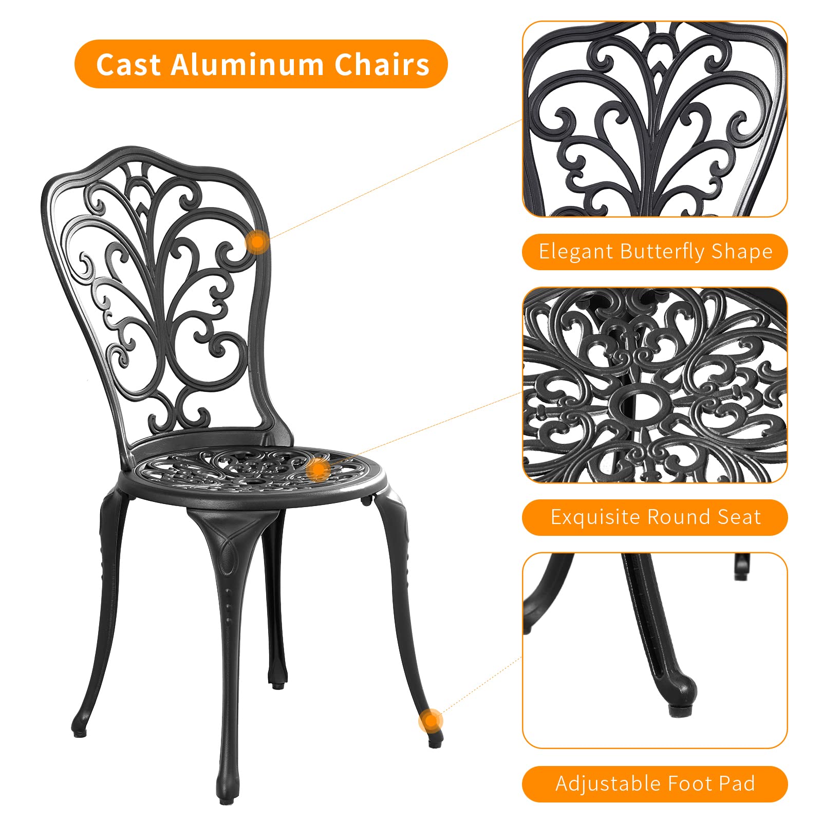 3-Piece Outdoor Bistro Set - Durable Cast Aluminum Patio Table & 2 Chairs - Black Small Porch Furniture for Garden, Balcony & Backyard Relaxation