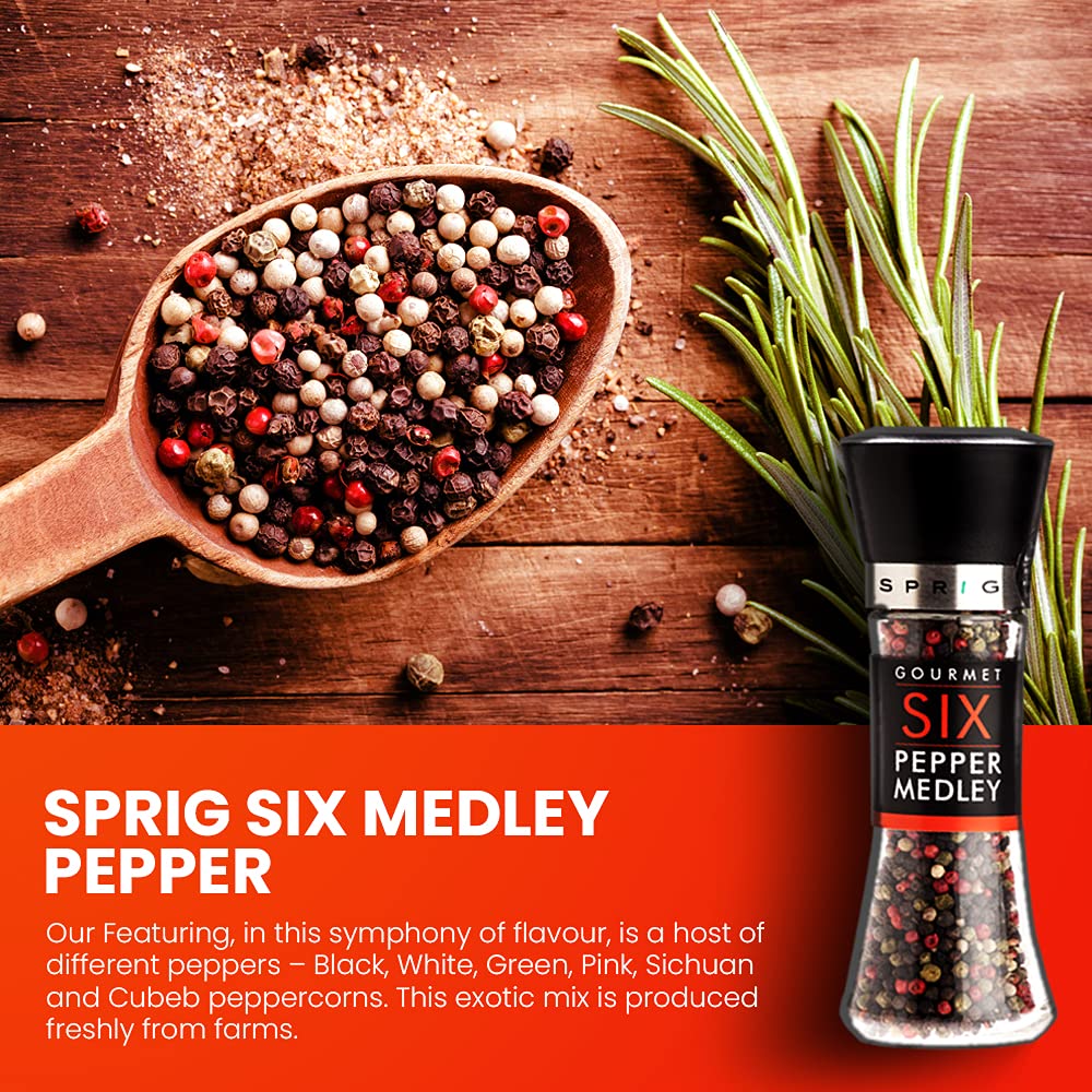 Premium Sprig Gourmet Six Pepper Medley - Rainbow Peppercorn Blend (Black, White, Pink, Green, Sichuan, Cubeb) | Whole Dried Peppercorns with Glass Grinder Bottle | Adjustable Coarseness | 85g | Perfect for Steak, Pasta & Gourmet Cooking