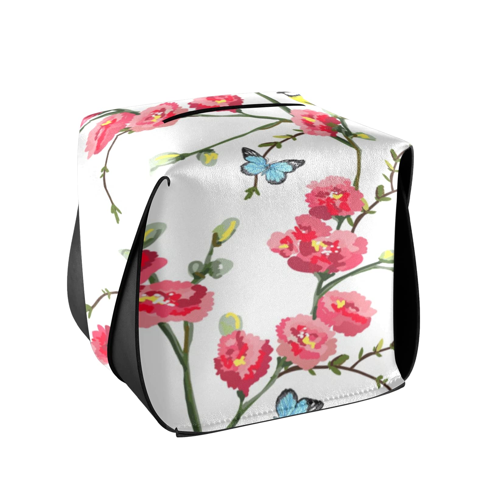 Japanese Style Spring Tree Branches with Red Flowers, Birds & Green Leaves - Rectangular Leather Tissue Box Cover with Handle for Bathroom, Home, Nightstand, Vanity, Office Desk & Car (5.7x5.7x5.7 inches) - Perfect for Home Decor, Gift Giving & Everyday Use