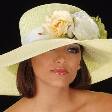 OE8005 Light Yellow Straw Derby Ladies Hat with Flowers - Vintage Summer Hat for Women, Outdoor Beach Wedding & Garden Party Accessories
