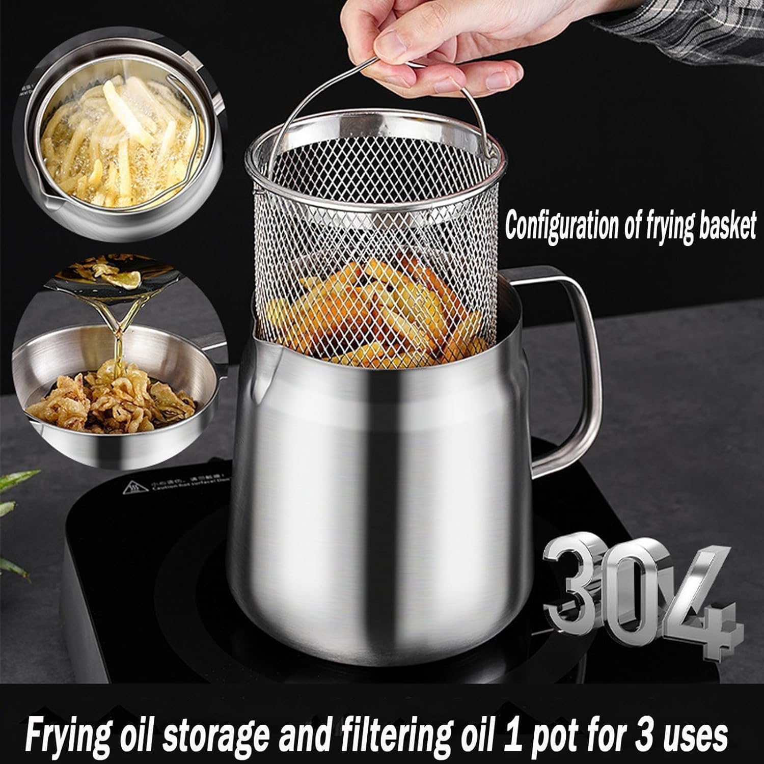 2-in-1 Stainless Steel 304 Oil Filter Pot - Multi-functional Kitchen Oil Strainer & Mini Fryer Filter Cup Combo for Cooking, Frying, and Oil Recycling - Perfect for Home Kitchens, Restaurants, and Food Trucks