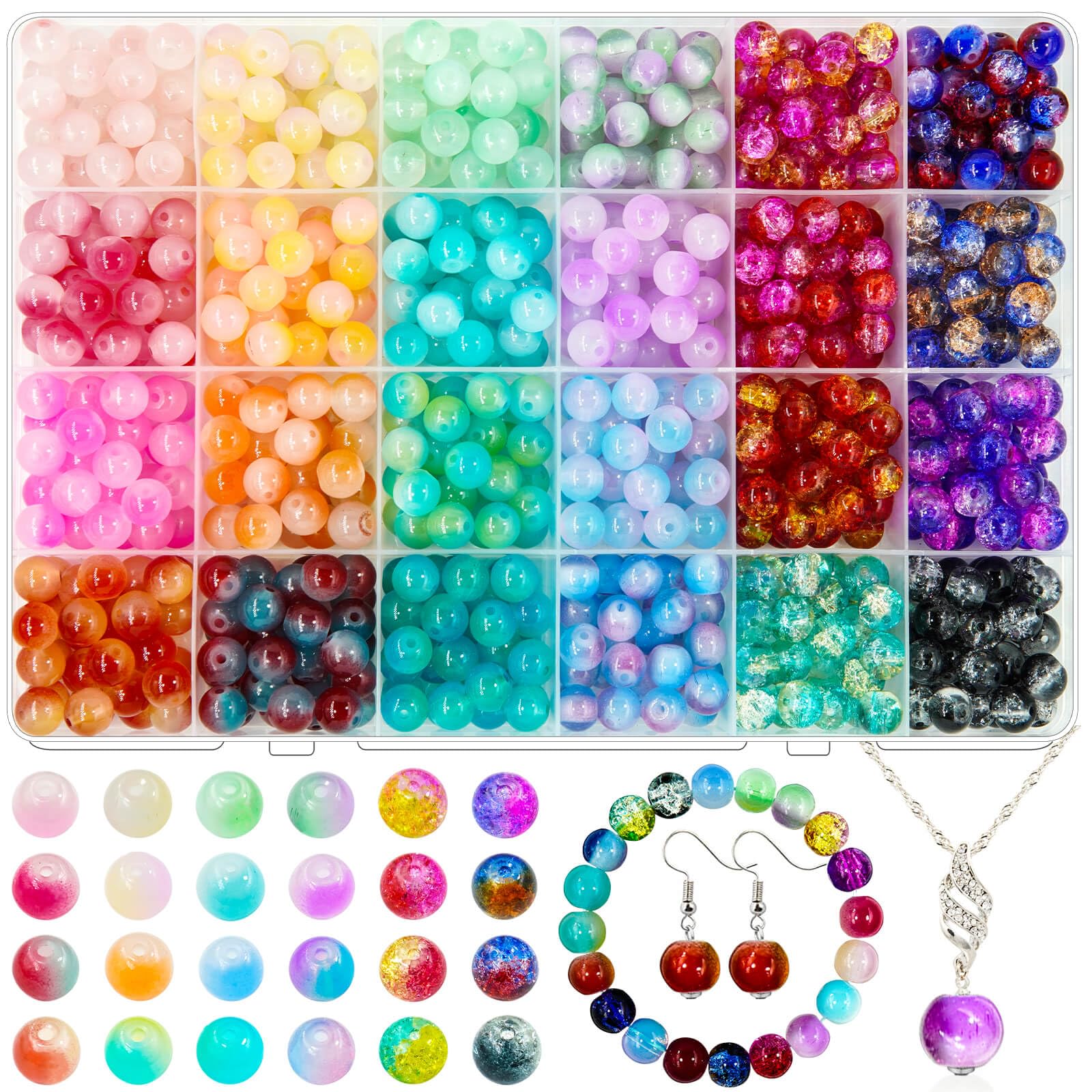 600pcs 8mm Glass Beads for Jewelry Making, 24 Colors Round Crystal Cracked Gemstone Loose Beads, DIY Craft Beading Supplies for Bracelets, Earrings, Necklaces, Home Decor & Gift Wrapping