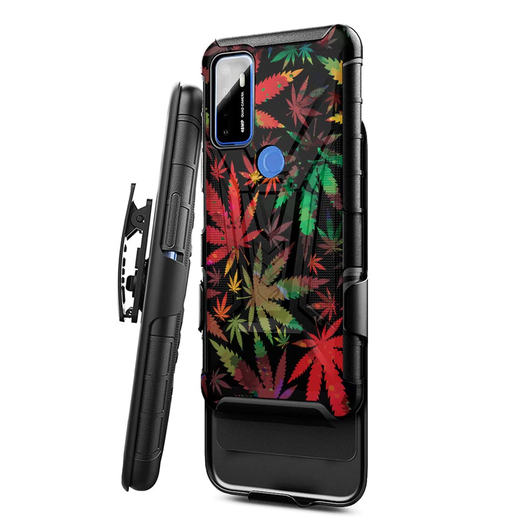 Military Shockproof Phone Case for Cricket Dream 5G & AT&T Radiant Max 5G - Heavy Duty Belt Clip Holster with Kickstand | Durable Black Protective Cover (Colorful Leaf Design) | Perfect for Outdoor Work, Construction & Active Lifestyles