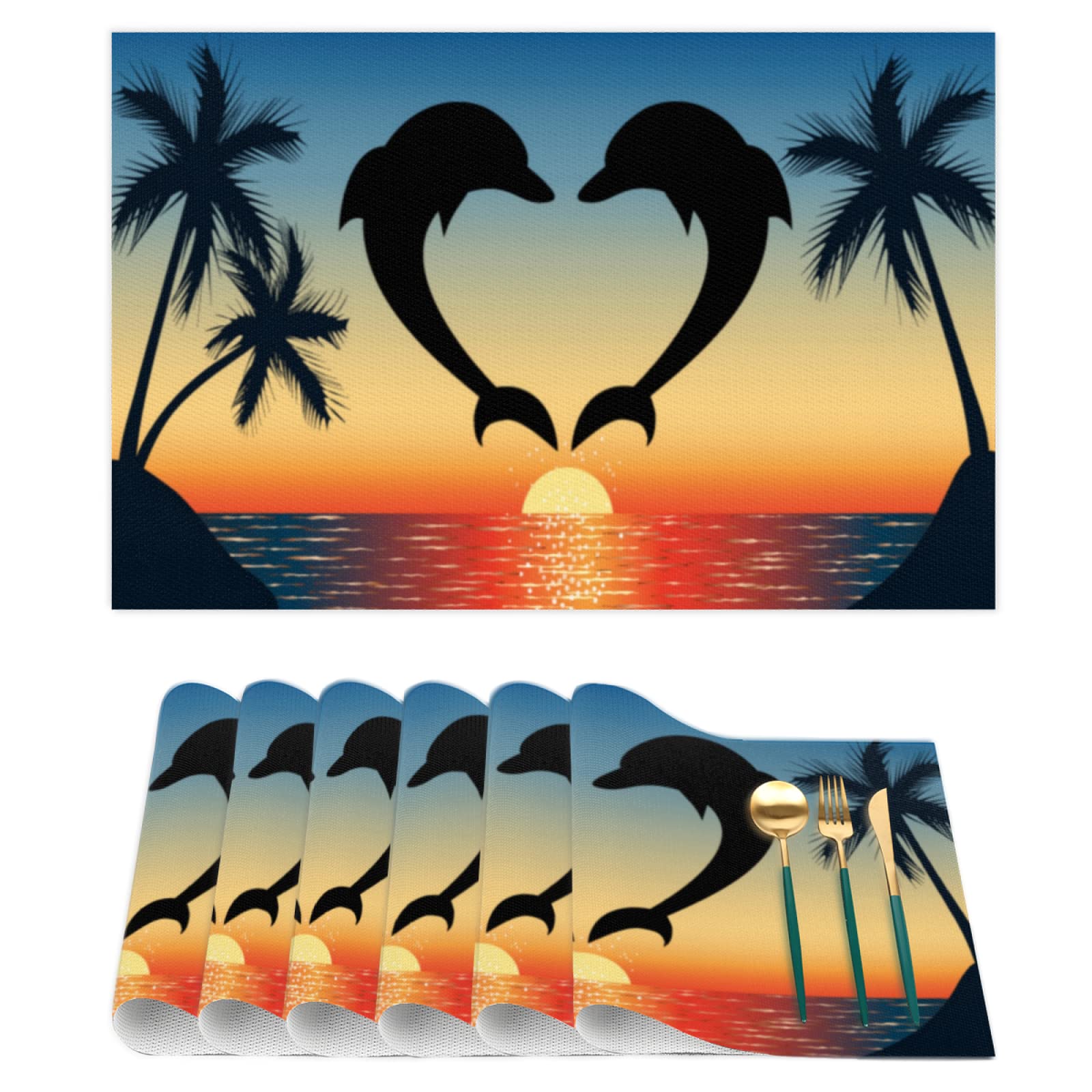 Dolphin Palm Tree Sunset Placemats Set of 6 - Heat & Stain Resistant PVC Woven Vinyl Table Mats for Kitchen & Dining - Washable & Durable - Perfect for Beach Themed Parties, Outdoor Dining & Home Decor