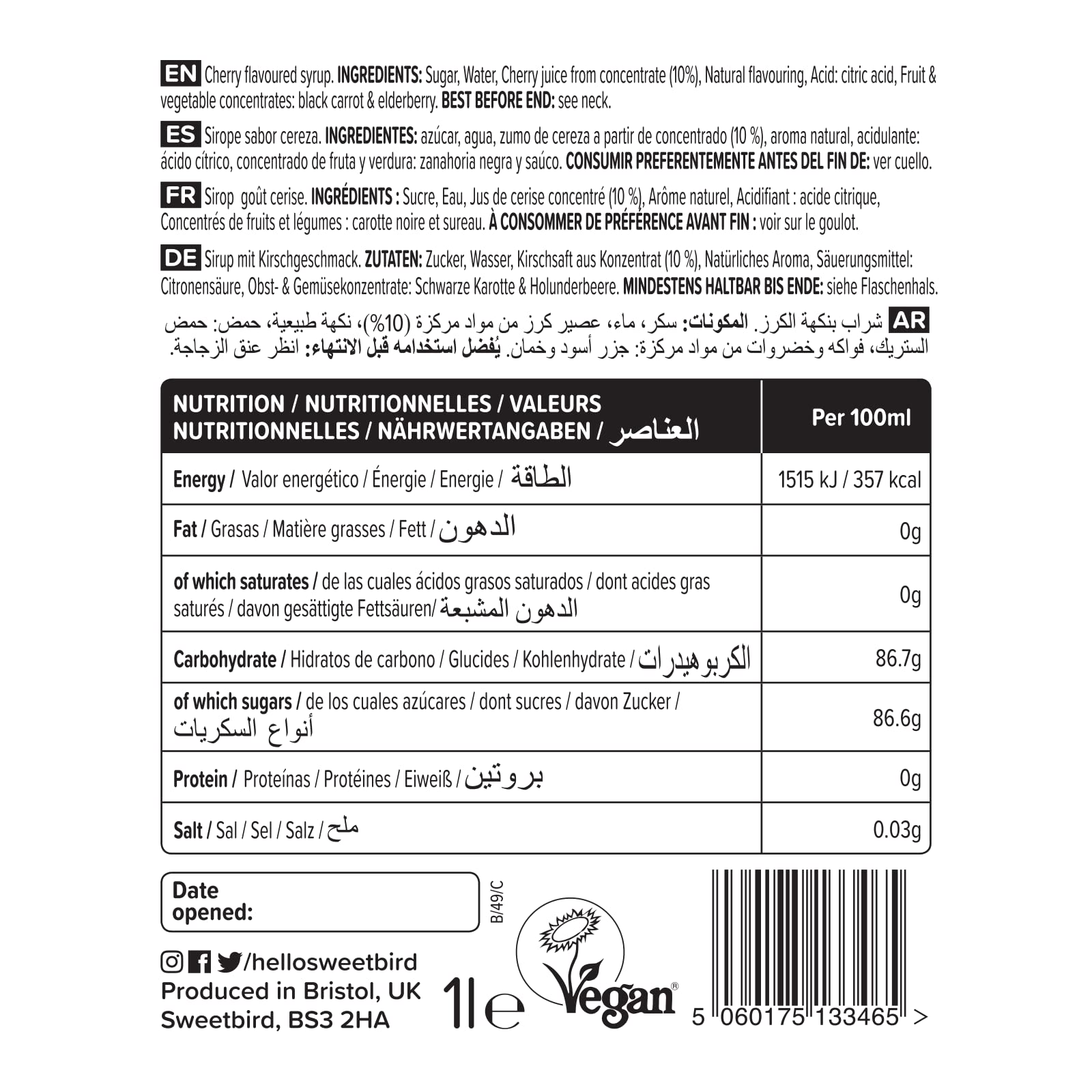 Sweetbird Cherry Flavored Syrup - 1 Liter | Vegan, GMO Free, All Natural | Perfect for Cocktails, Desserts & Coffee Drinks