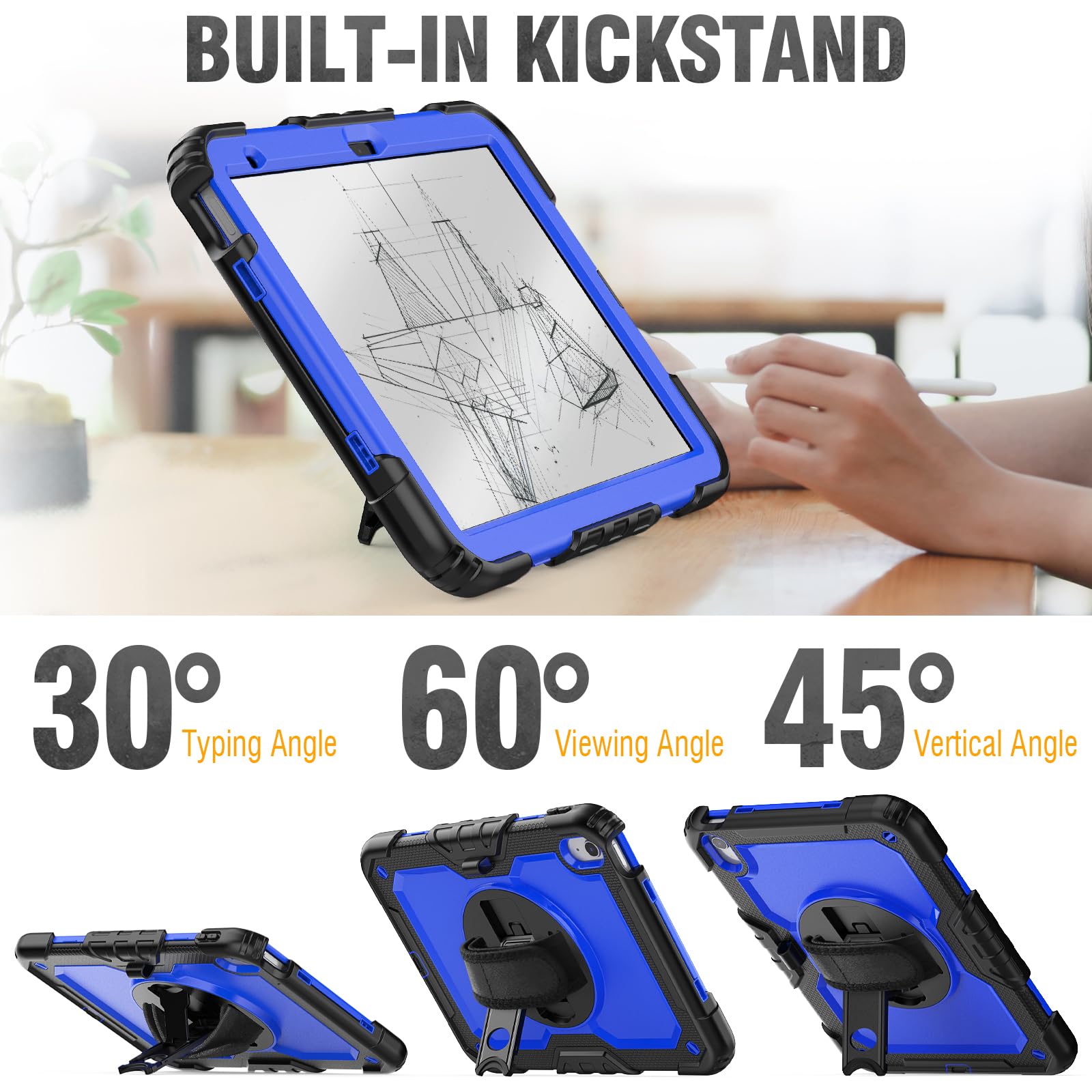 Shockproof iPad Case for iPad 11th/10th Generation (2025/2022) 10.9-11 inch - Heavy Duty Protective Cover with Screen Protector, Pencil Holder & Hand Strap - Compatible with iPad 10/11 Models A2696/A2757/A3354 - Blue - Perfect for Work, Travel & School Use