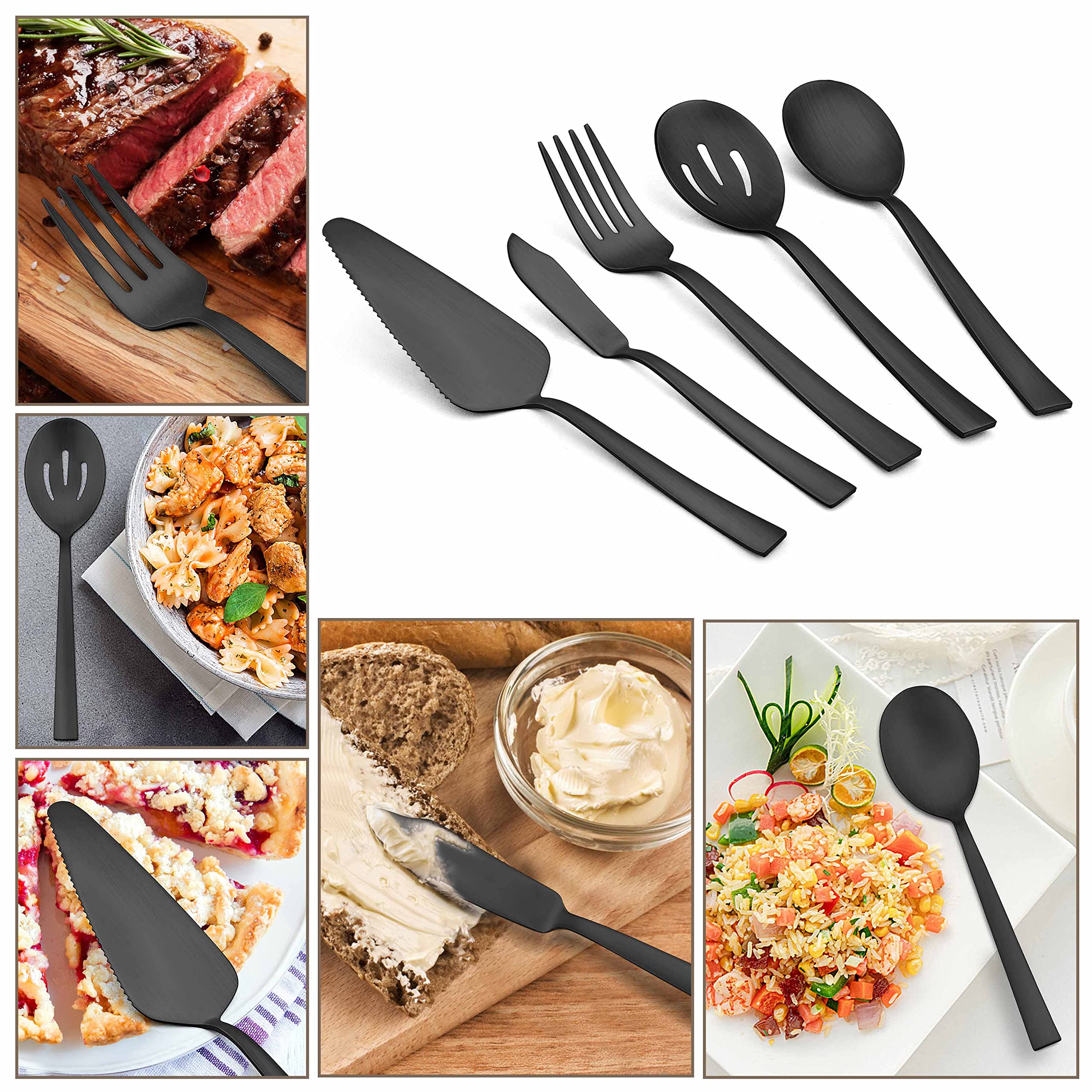 Herogo 45-Piece Matte Black Flatware Set for 8 - Stainless Steel Square Silverware Cutlery with Serving Utensils, Satin Finish & Dishwasher Safe - Elegant Dining Set for Restaurants, Weddings & Everyday Use