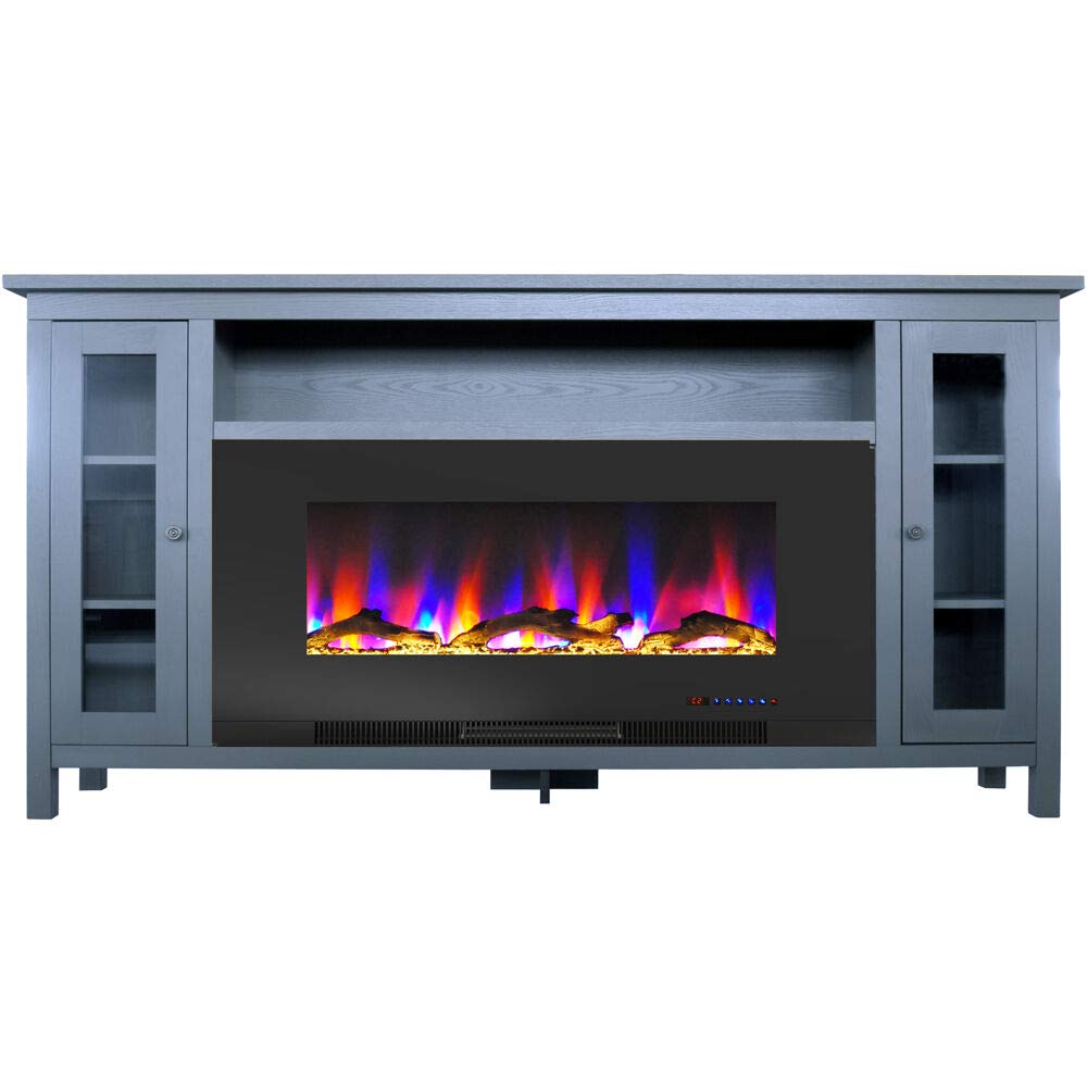 Brighton Electric Fireplace TV Stand with Color-Changing LED Heater & Driftwood Log Display - Slate Blue - Modern Entertainment Center for Living Room, Bedroom & Office