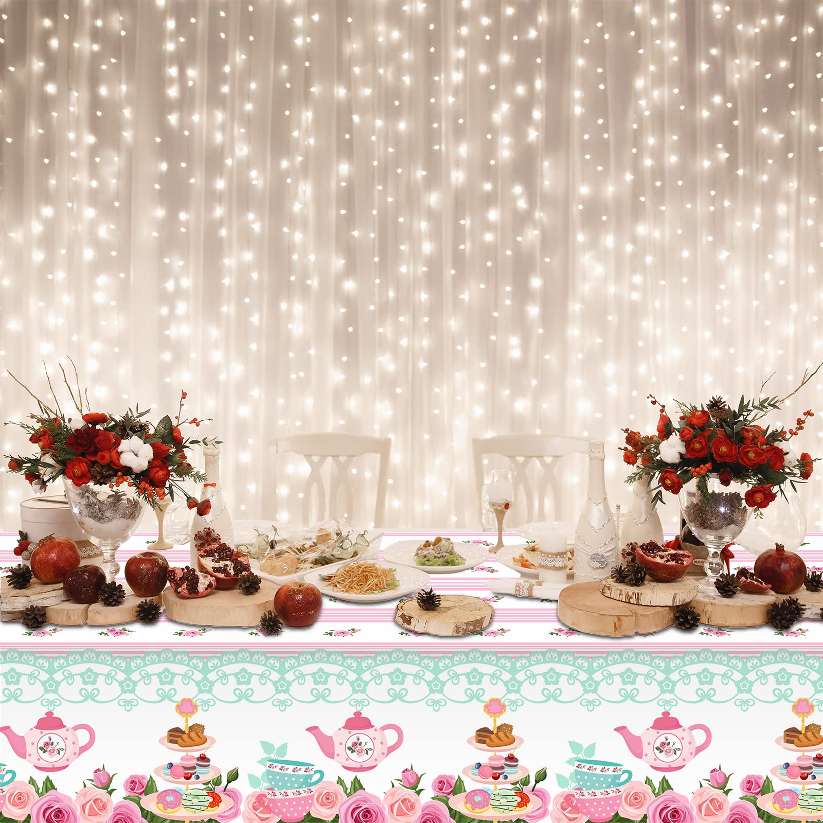 3-Piece Pink Floral Plastic Tablecloth Set with Lace Trim - 54x108 Inch - Perfect for Baby Showers, Birthday Parties, Weddings & Tea Party Decorations - Waterproof & Easy to Clean Party Supplies for Indoor/Outdoor Events