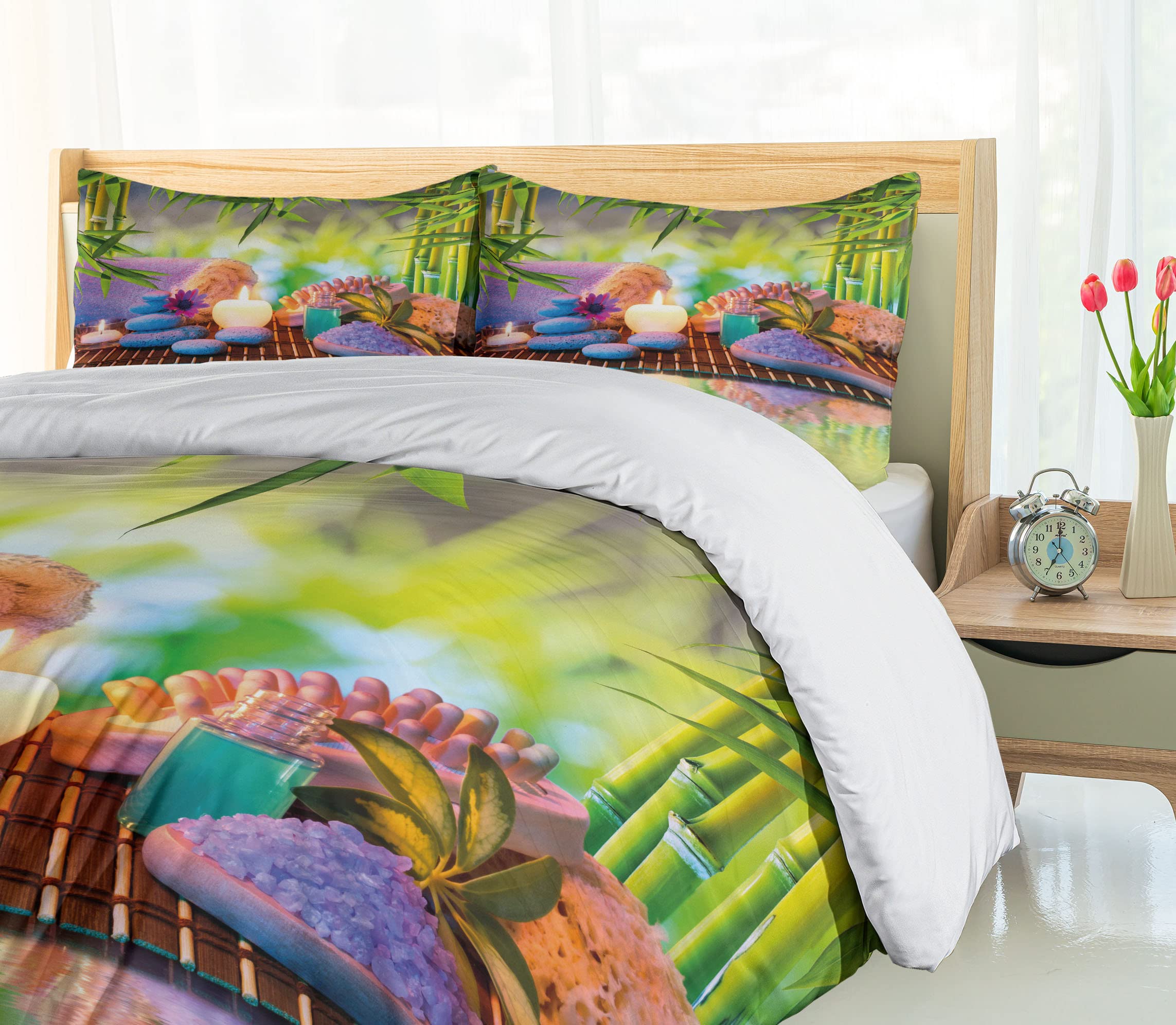 Ambesonne Spa Themed Duvet Cover Set - Eastern Folk Relaxation Botanical Trees Print with Stones & Candles, 3-Piece Bedding Set (2 Pillow Shams) for California King Size Bed | Perfect for Zen Bedrooms, Spa Retreats & Meditation Spaces